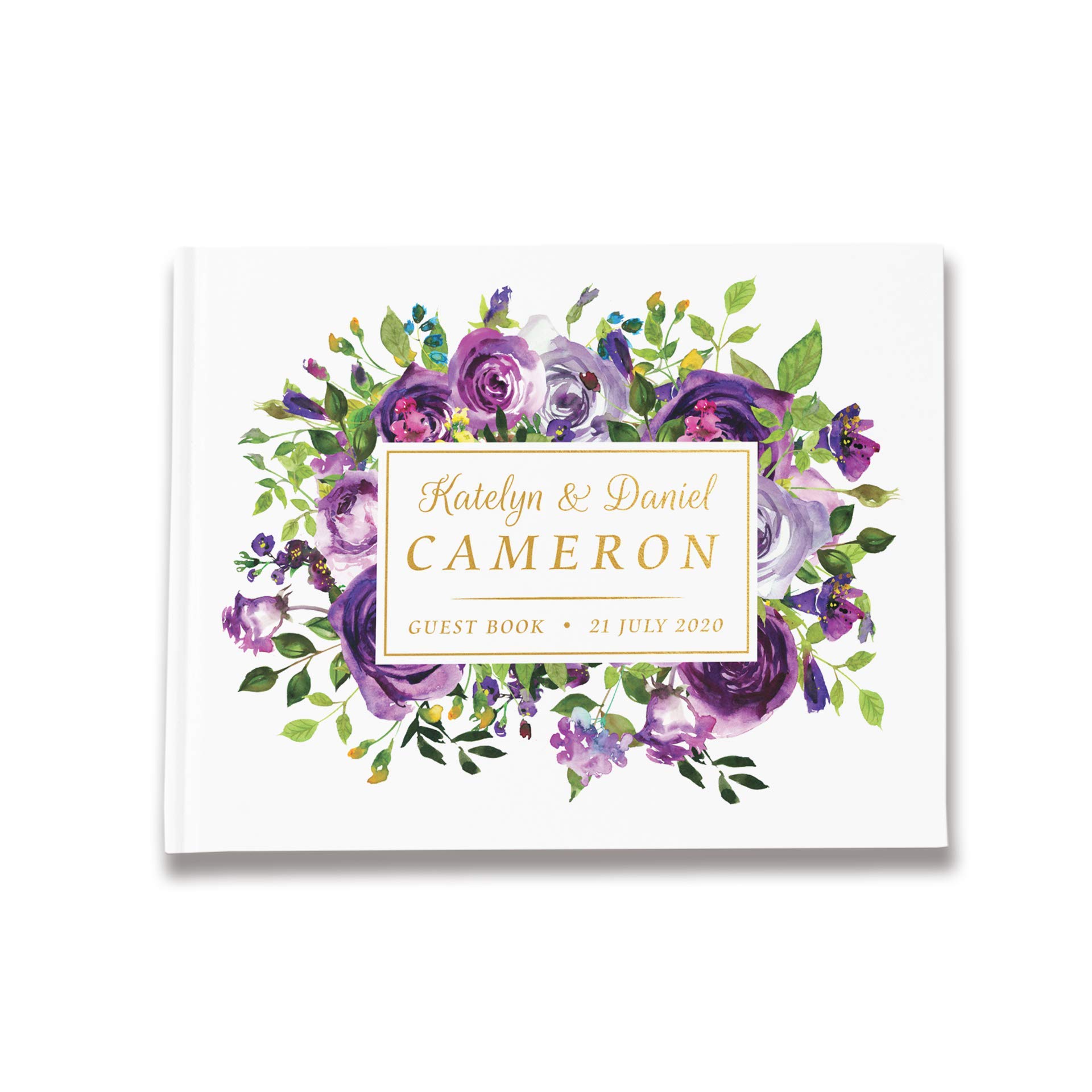 Elegant Purple Floral Wedding Guest Book with Gold Foil - Personalized Keepsake for Bridal Showers, Receptions & Anniversary Celebrations