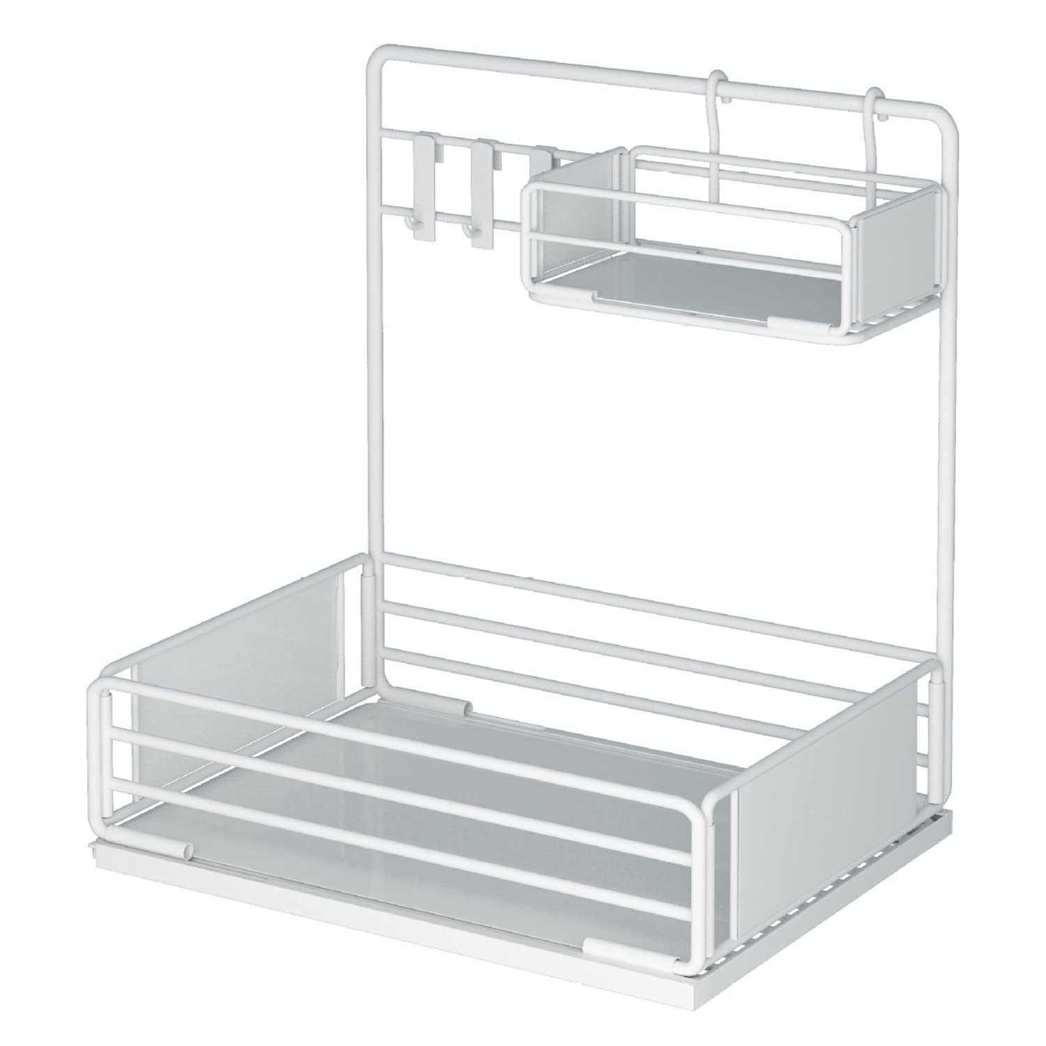 IKSVMSIS Slide Spice Rack Organizer - 4 Hook Cabinet & Under Sink Storage Solution - White Countertop Organizer for Kitchen, Bathroom & Pantry - Perfect for Spices, Cleaning Supplies & Beauty Products Organization