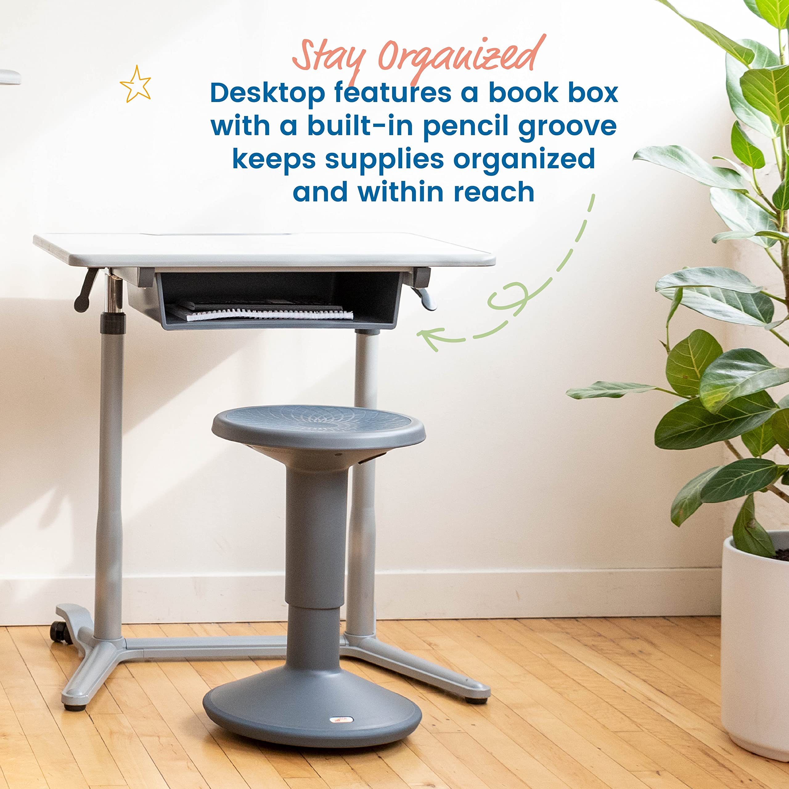 ECR4Kids 3S Mobile Desk - Adjustable Sit Stand & Storage Student Desk with Open Front Design in Grey - Perfect for Classroom, Homeschool & Office Workspaces