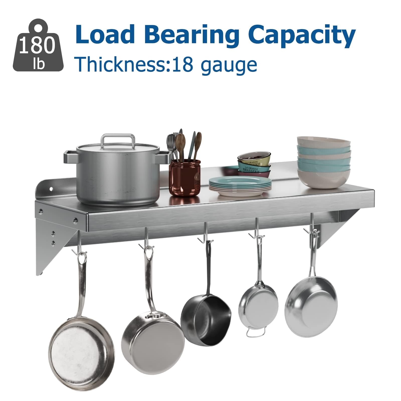 GARVEE 2 Pack 12x36 Inch Stainless Steel Wall Mounted Shelf - Heavy Duty 200LBS Capacity with 2 Backsplashes & 6 Hooks for Kitchen, Bathroom, Garage Storage Organization
