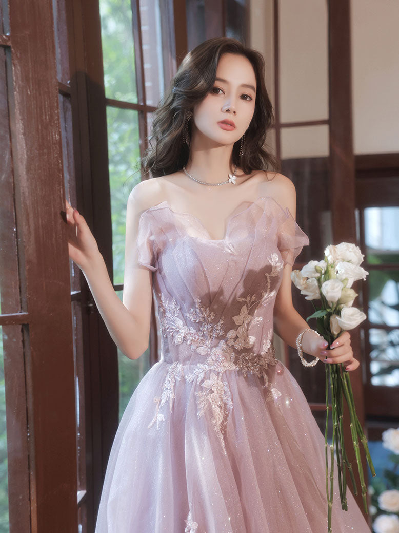 Elegant Pink A-Line Tulle Lace Applique Long Prom Dress for Women - Formal Evening Gown for Homecoming, Wedding, Party & Special Occasions