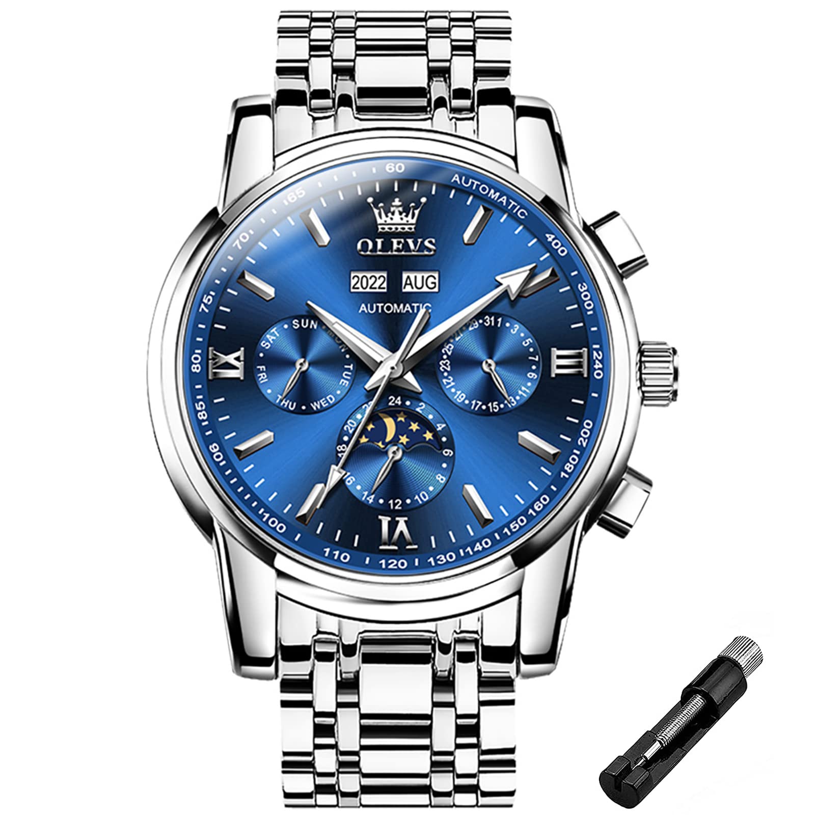 OLEVS Men's Automatic Mechanical Watch - Waterproof Stainless Steel Business Chronograph with Day Date Year & Moon Phase Display - Luminous Wristwatch for Men | Perfect for Office, Formal Events & Daily Wear