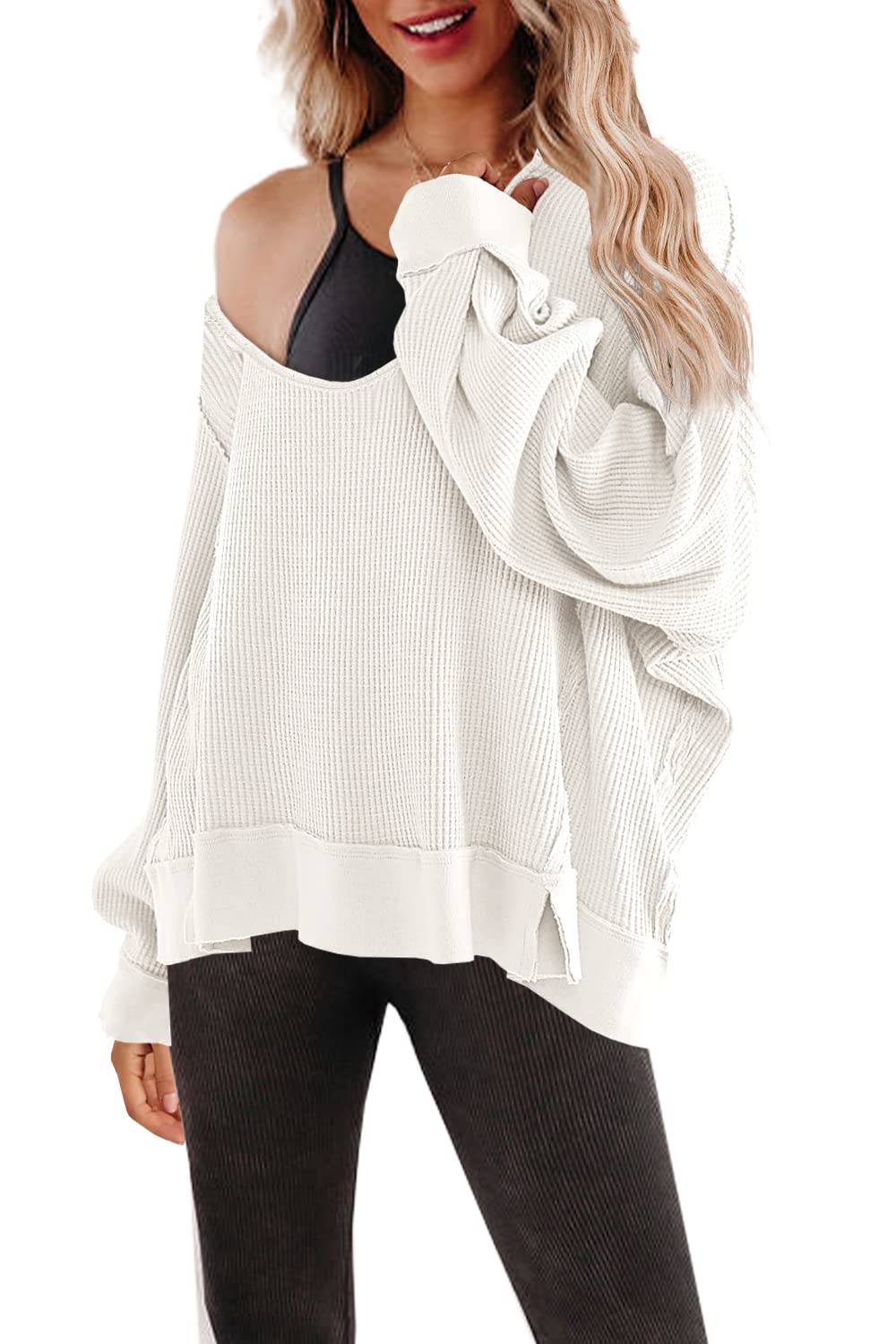 SENSERISE Women's V-Neck Waffle Knit Long Sleeve Oversized Sweater Pullover - Cozy Casual Loungewear for Fall & Winter, Perfect for Work, Dates and Weekend Outings