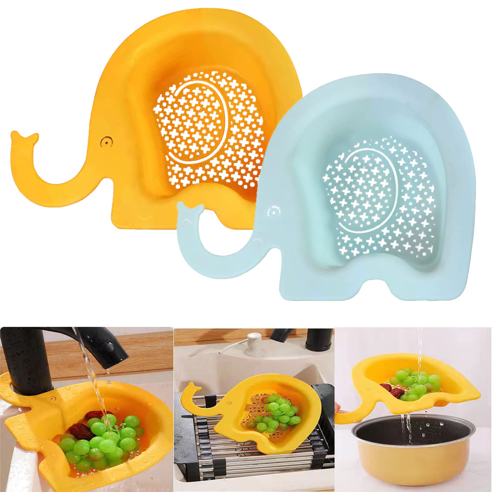 Premium Elephant Drain Stand - 2-Pack Kitchen Sink Strainer Basket for Fruits & Vegetables | Multi-Functional Filter Shelf for Kitchen, Tea, and Sink Drainage | Durable Yellow & Light Blue Colored Strainers | Perfect for Meal Prep, Washing Produce, and Beverage Making