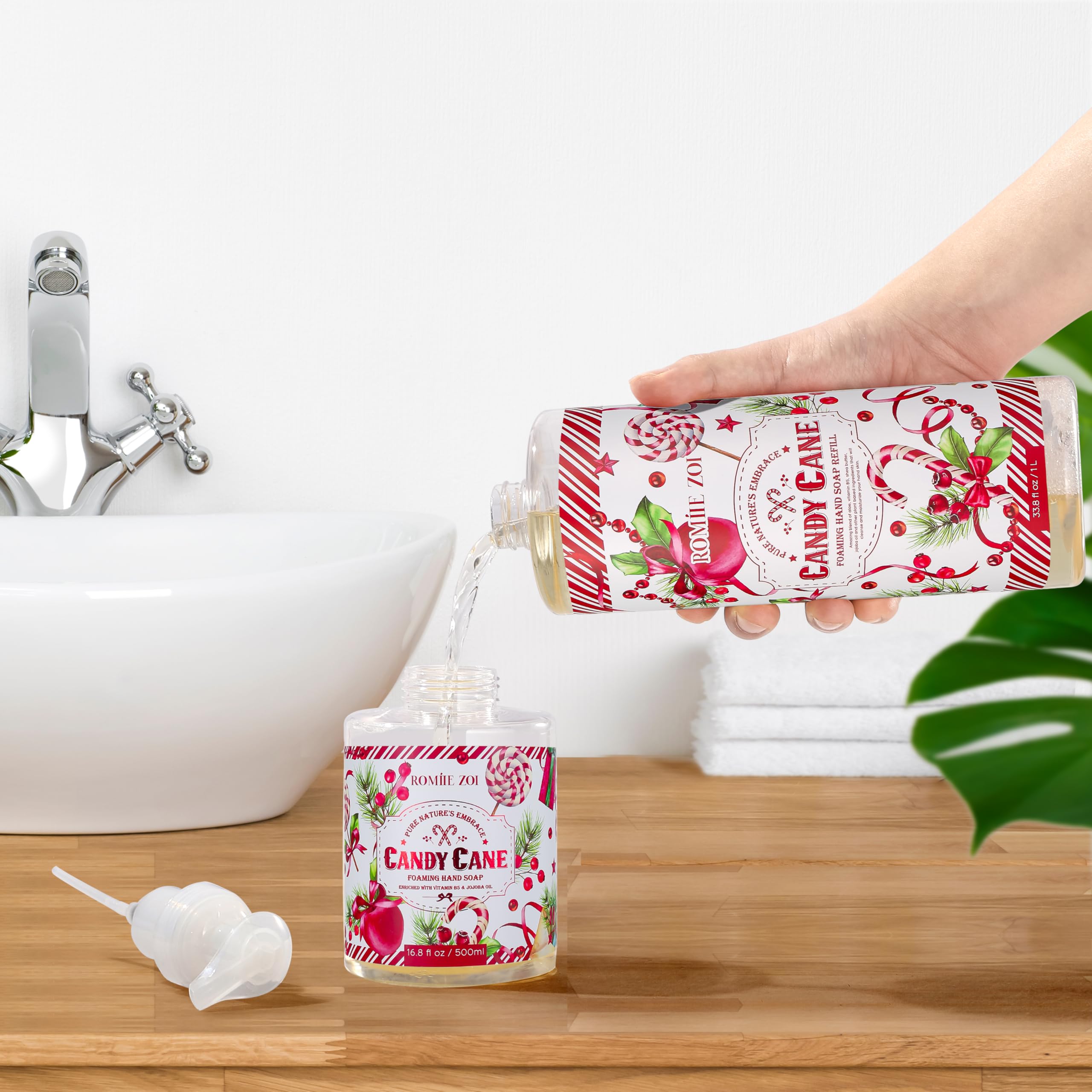 Christmas Foaming Hand Soap Refill - Candy Cane Scent with Peppermint Aroma, Gentle Moisturizing Formula for Home & Kitchen, 1 Liter (33.8 Fl Oz) - Perfect for Holiday Hand Washing & Gift Giving