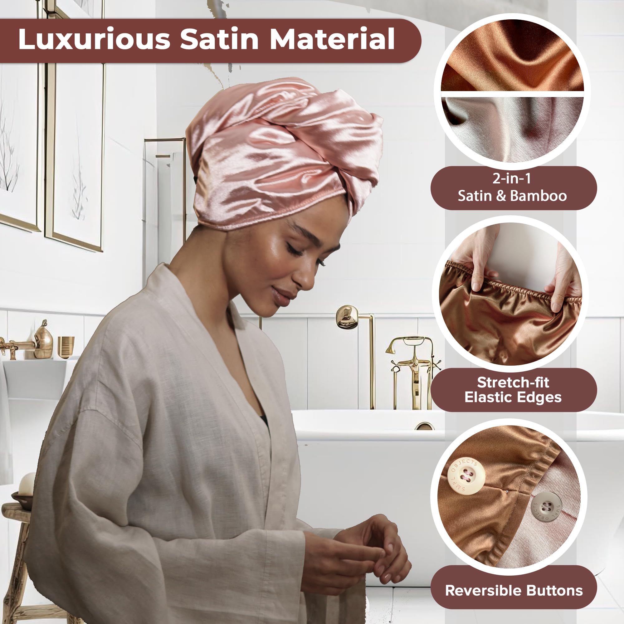 Satin Hair Wrap Towel for Women - Double Layer Curly Hair Turban for Gentle Drying, Pink & Bronze | Perfect for Post-Shower, Salon Styling & Overnight Hair Care