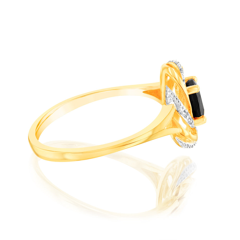 9ct Yellow Gold 0.65Ct Natural Sapphire Ring with 12 Diamonds - Elegant Jewelry for Women, Perfect for Engagement, Wedding & Anniversary Gifts