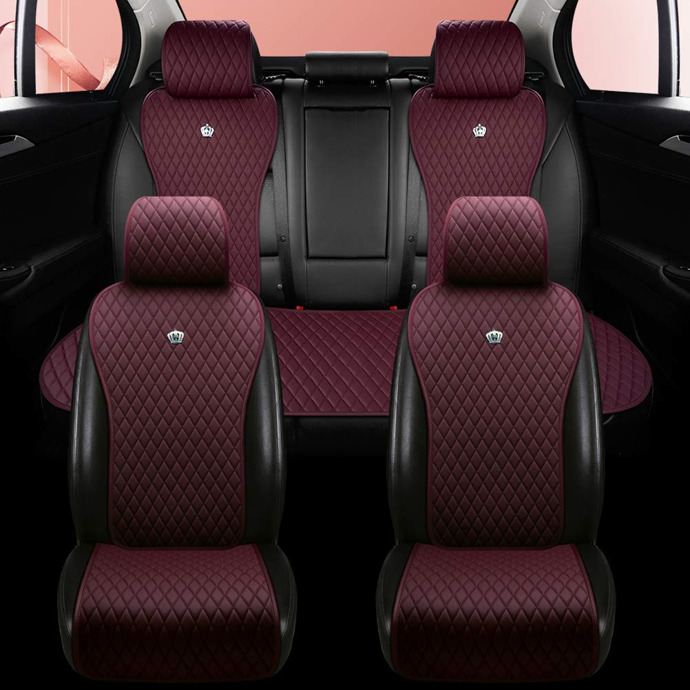 Premium Red Leather Universal Car Seat Covers - 11-Piece Set with Crown Design for Cars, SUVs & Trucks | Waterproof, Durable & Easy to Install | Perfect for Daily Commute, Road Trips & Vehicle Protection (Wine Red)
