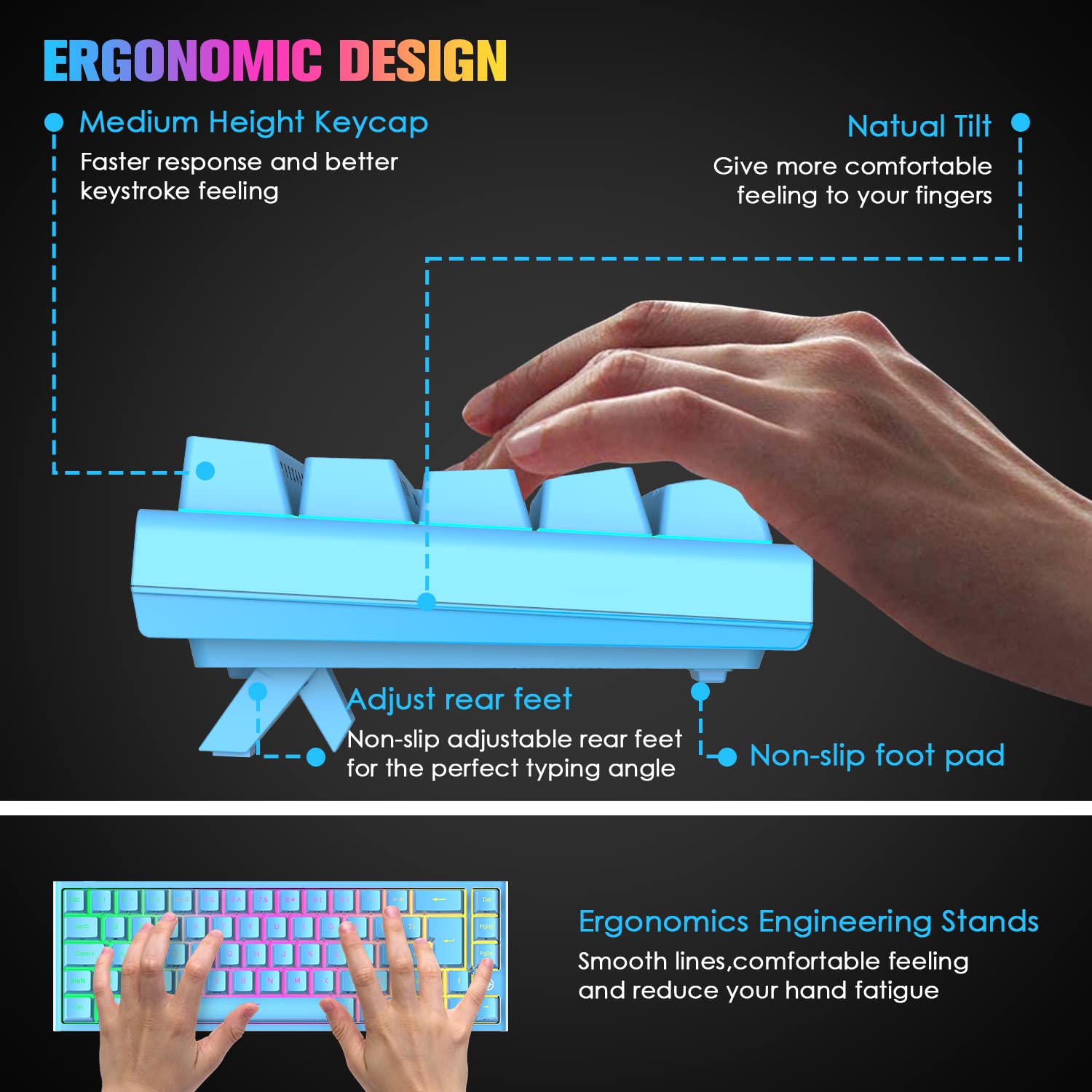 LexonElec 60% RGB Mechanical Gaming Keyboard - Compact 68-Key with Red Switches for PC/MAC/PS4 Gamers & Office Use