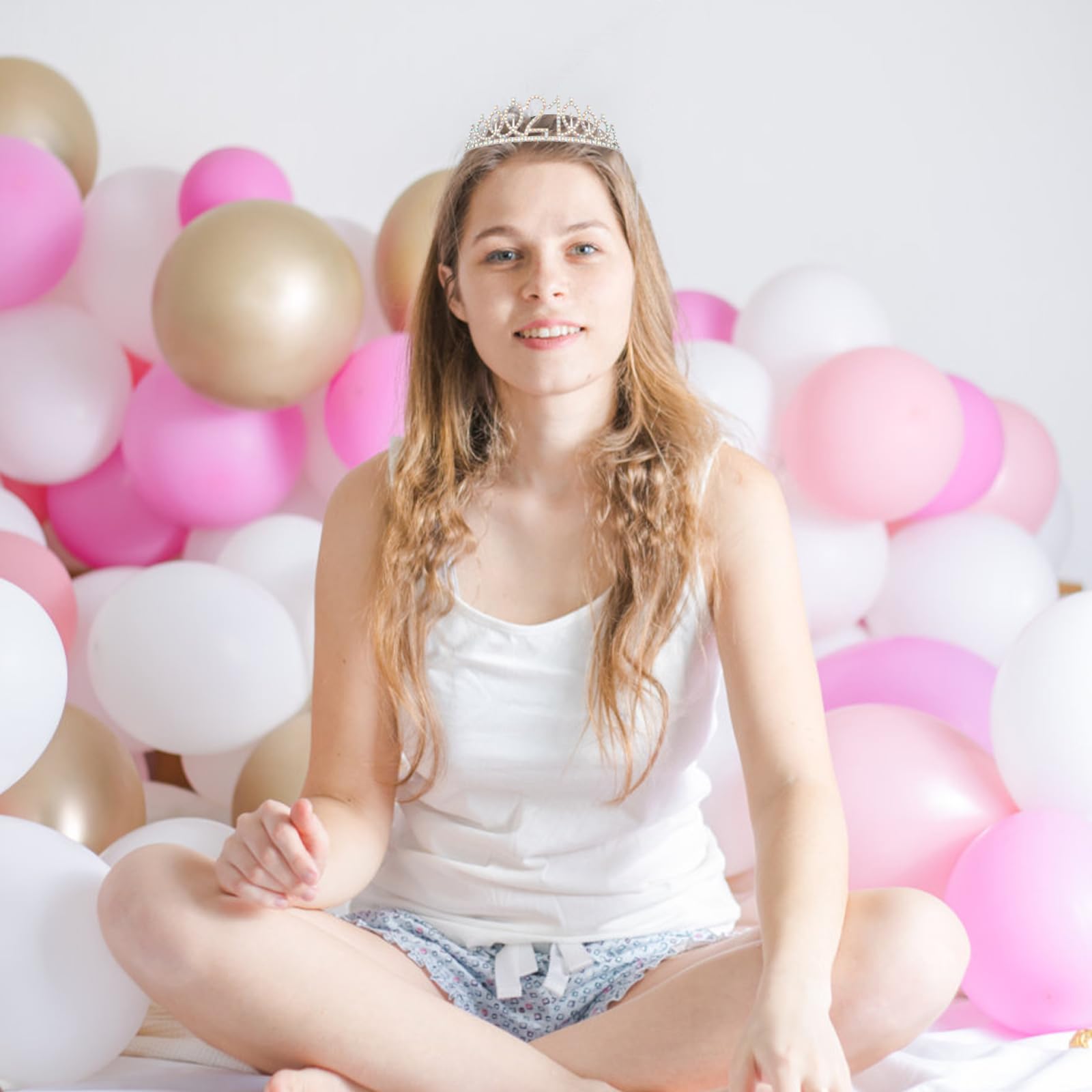 Elegant Silver Princess Tiara & Birthday Sash Set for Women - 21st Birthday Crown with Combs, Crystal Headpiece for Girls Party Hair Accessories | Perfect for Birthday Celebrations, Bachelorette Parties & Special Events