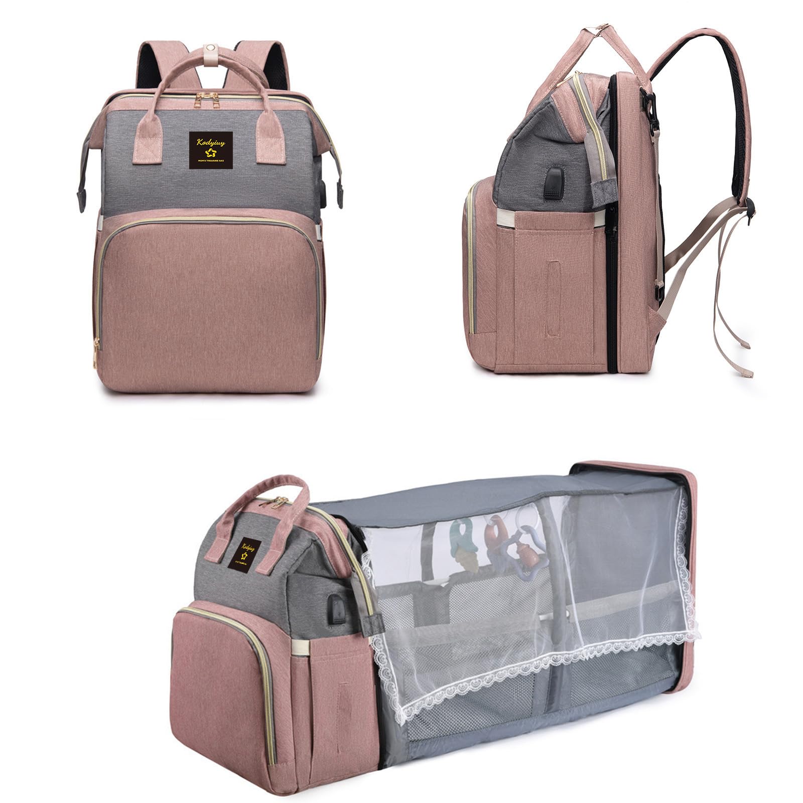 Large Capacity Baby Diaper Backpack - Waterproof Travel Changing Station with Foldable Design, Perfect Gift for New Moms (Pink-Gray) | Ideal for Daycare, Outings & Family Trips