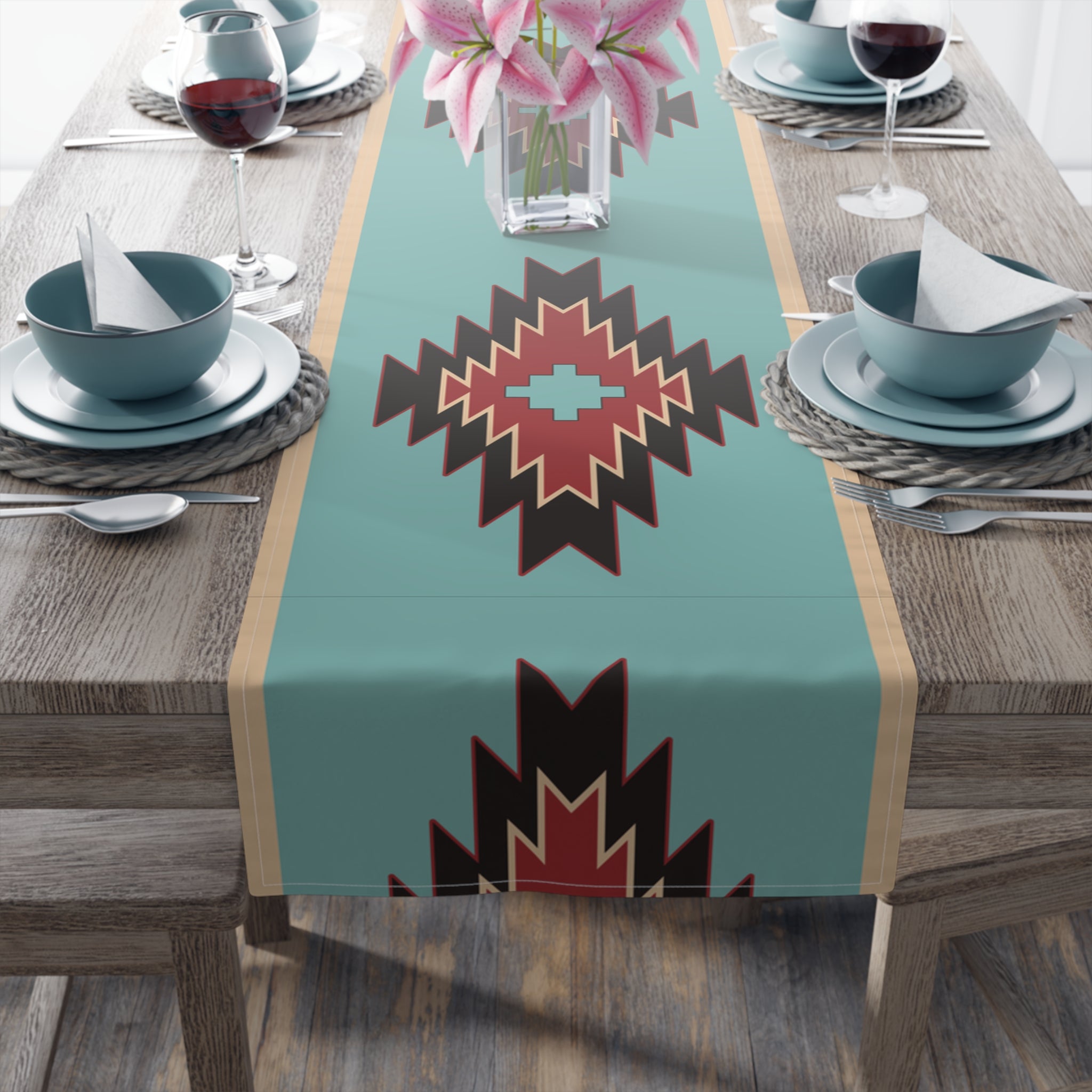 Southwestern Bohemian Rustic Table Runner - Cotton or Polyester Dining Room Decor - 2 Size Options for Kitchen & Holiday Table Settings
