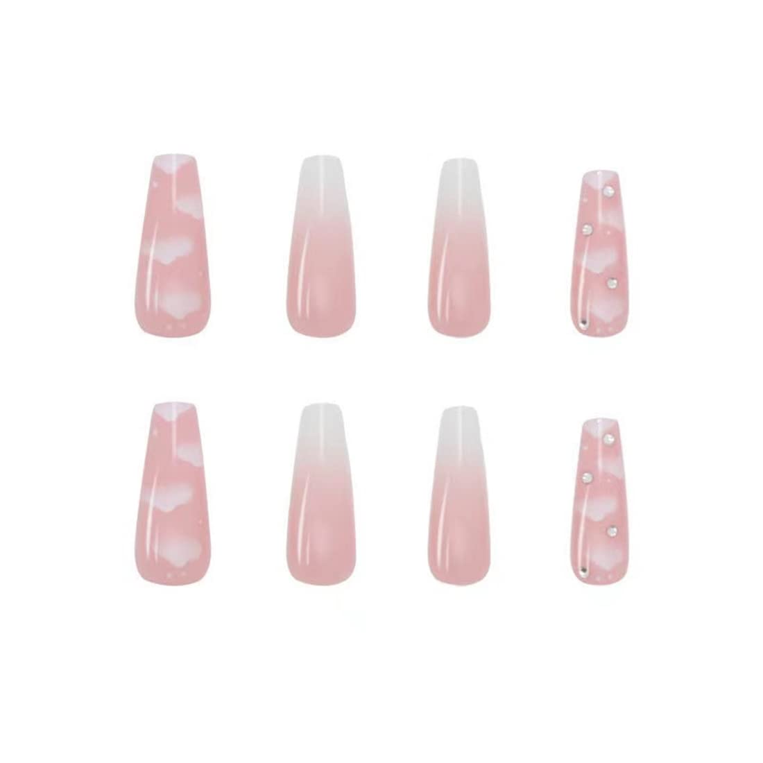 24pcs Coffin Fake Nails - Nude Gradient Press on False Nails Long Ballerina Style, Full Cover Artificial Nails for Women & Girls | Pink Glam Nail Tips for Parties, Weddings & Special Occasions