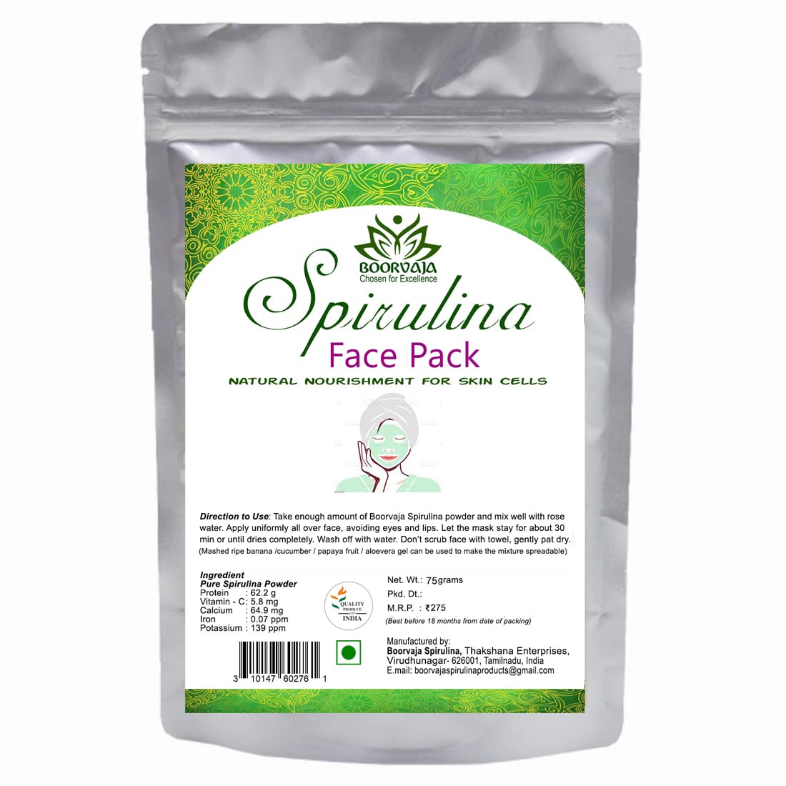 Boorvaja Natural Spirulina Face Pack - Organic Algae Facial Mask for Glowing Skin | Best for Acne, Anti-Aging & Skin Detox | Use for Spa Day, Self-Care Routine & Skincare Regimen