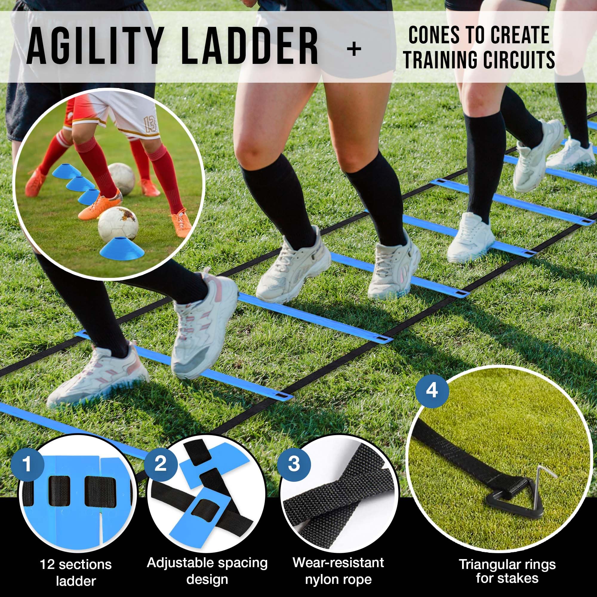 Agility Training Set for Soccer & Basketball - 6 Adjustable Poles, 2 Kick Solo Trainers, Agility Ladder, 12 Cones & Jump Rope - Speed & Coordination Equipment for Kids & Athletes - Perfect for Backyard Drills, Team Practice & Home Workouts