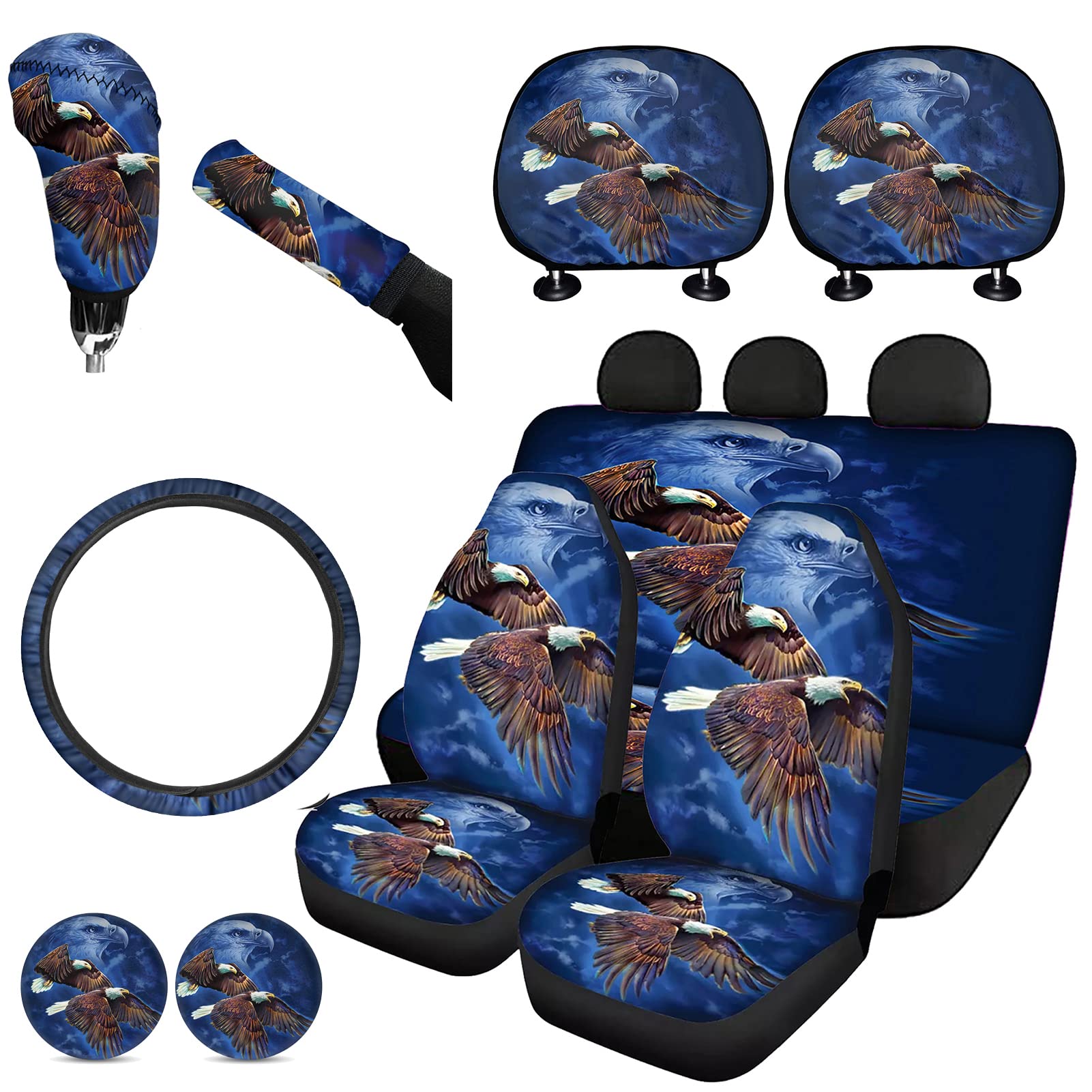 FKELYI American Flag Eagle Car Seat Covers Set - Full Interior Accessories with Front & Rear Seat Covers, Headrest Cover, Cup Holder Pads, Steering Wheel Cover, Gear Shift & Handbrake Covers | Patriotic Auto Decor for Trucks, SUVs & Sedans