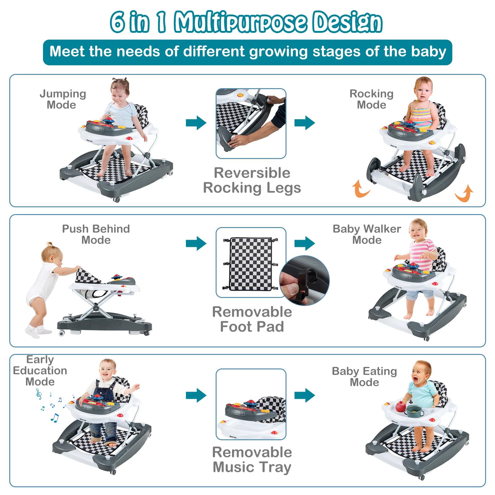 HONEY JOY 6-in-1 Foldable Baby Walker & Bouncer Combo - Adjustable Height Activity Walker with Wheels, Rocker, Music & Lights for Infants 7-14 Months (Gray) | Perfect for Playtime, Learning to Walk & Indoor Entertainment for Baby Boys & Girls