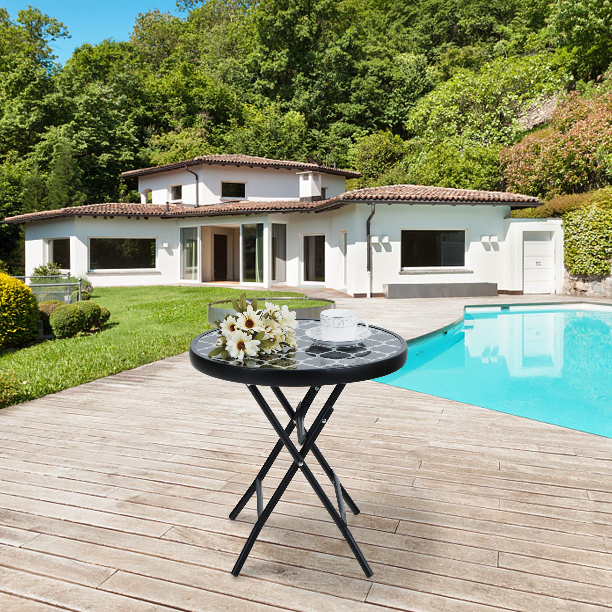 Foldable Round Side Table - Glass Top Metal Base Coffee Table for Balcony, Garden, Patio & Living Room | Weatherproof & Easy Care | Perfect for Outdoor Dining, Relaxing & Small Space Decor