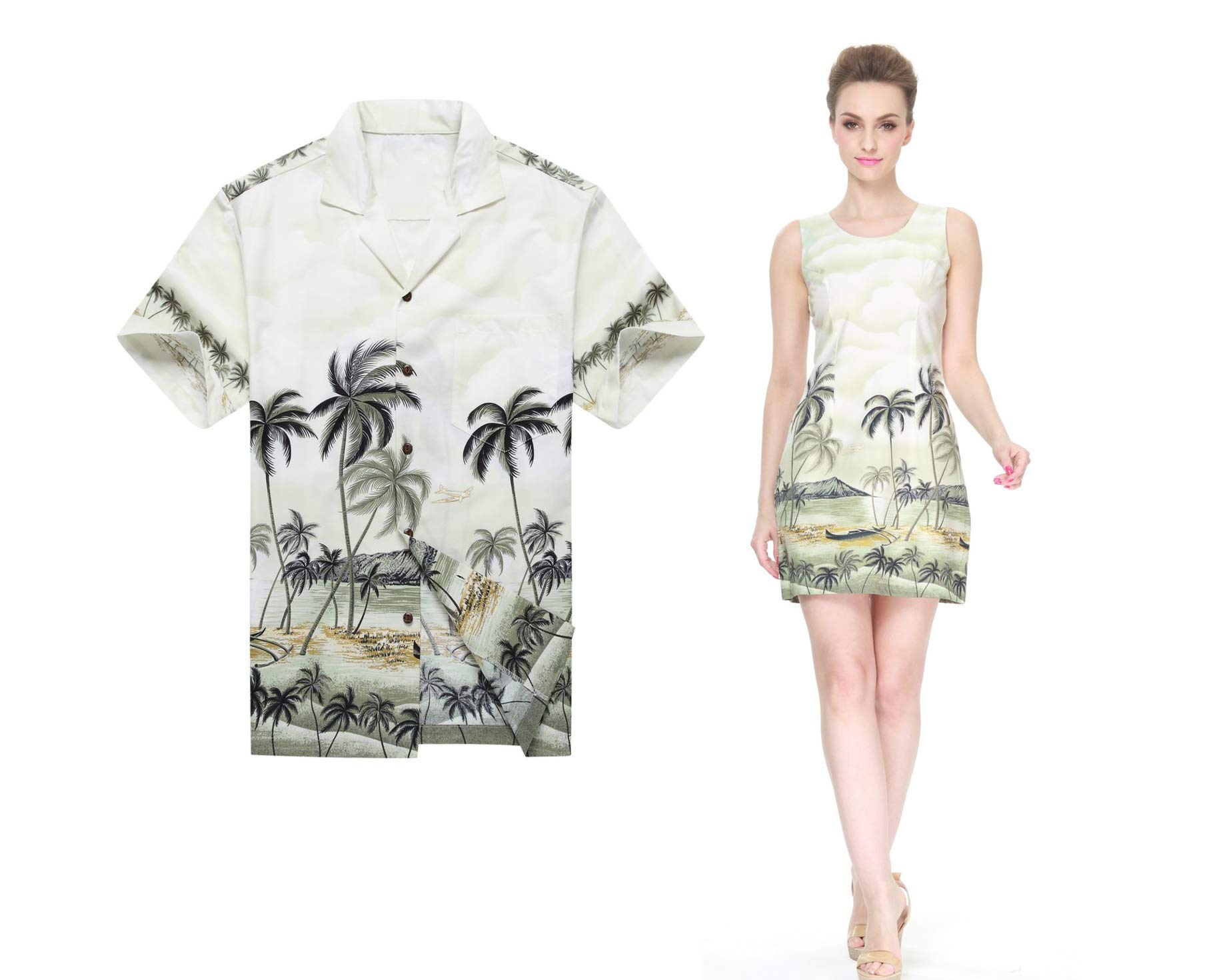Hawaii Couple Matching Luau Aloha Shirt & Tank Dress Set - Tropical Palm Print Yellow Outfits for Beach Vacation, Summer Party, and Hawaiian Theme Events