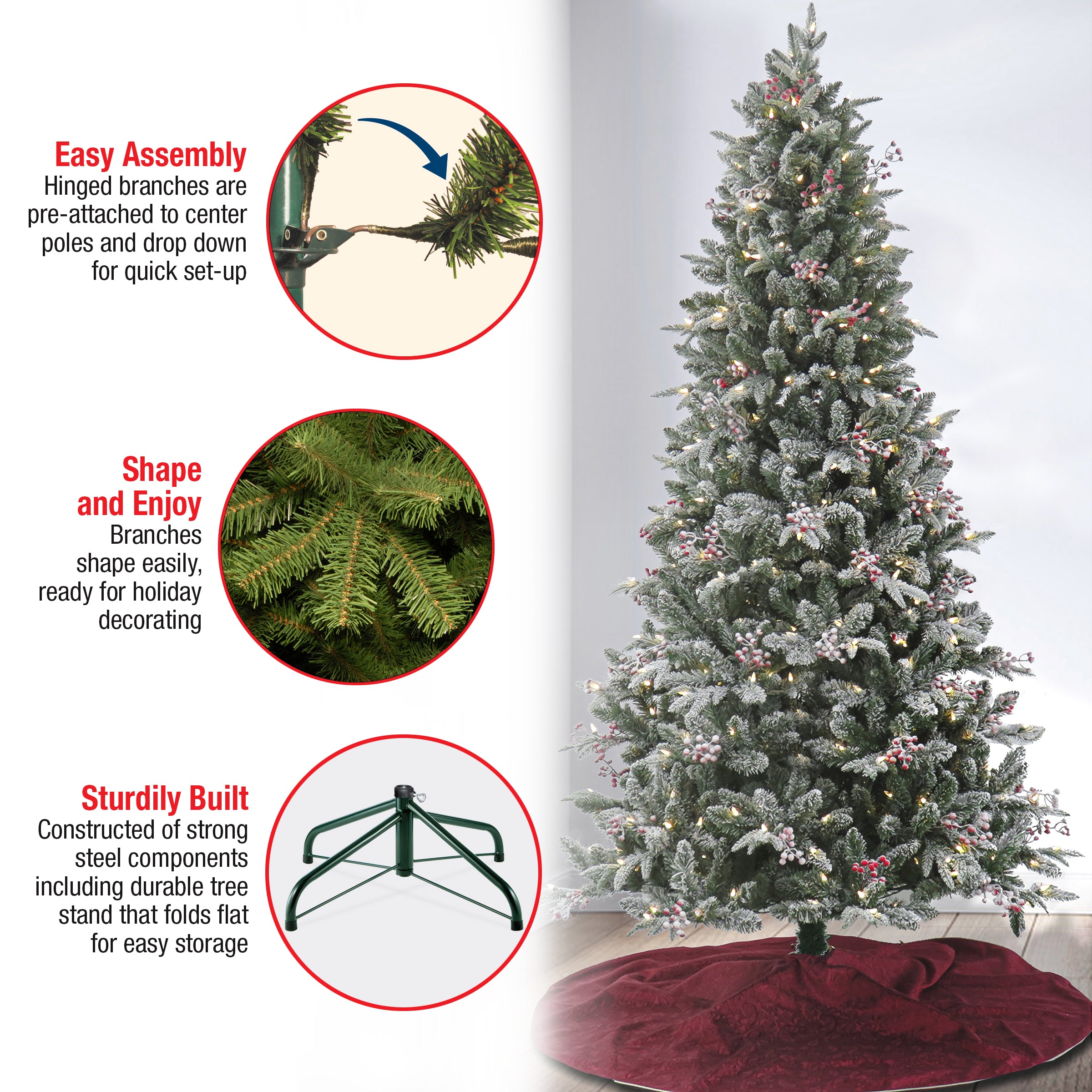 7.5 ft Pre-Lit Snowy Poechmann Fir Artificial Christmas Tree with Warm White LED Lights - Perfect for Living Room, Office & Holiday Decor