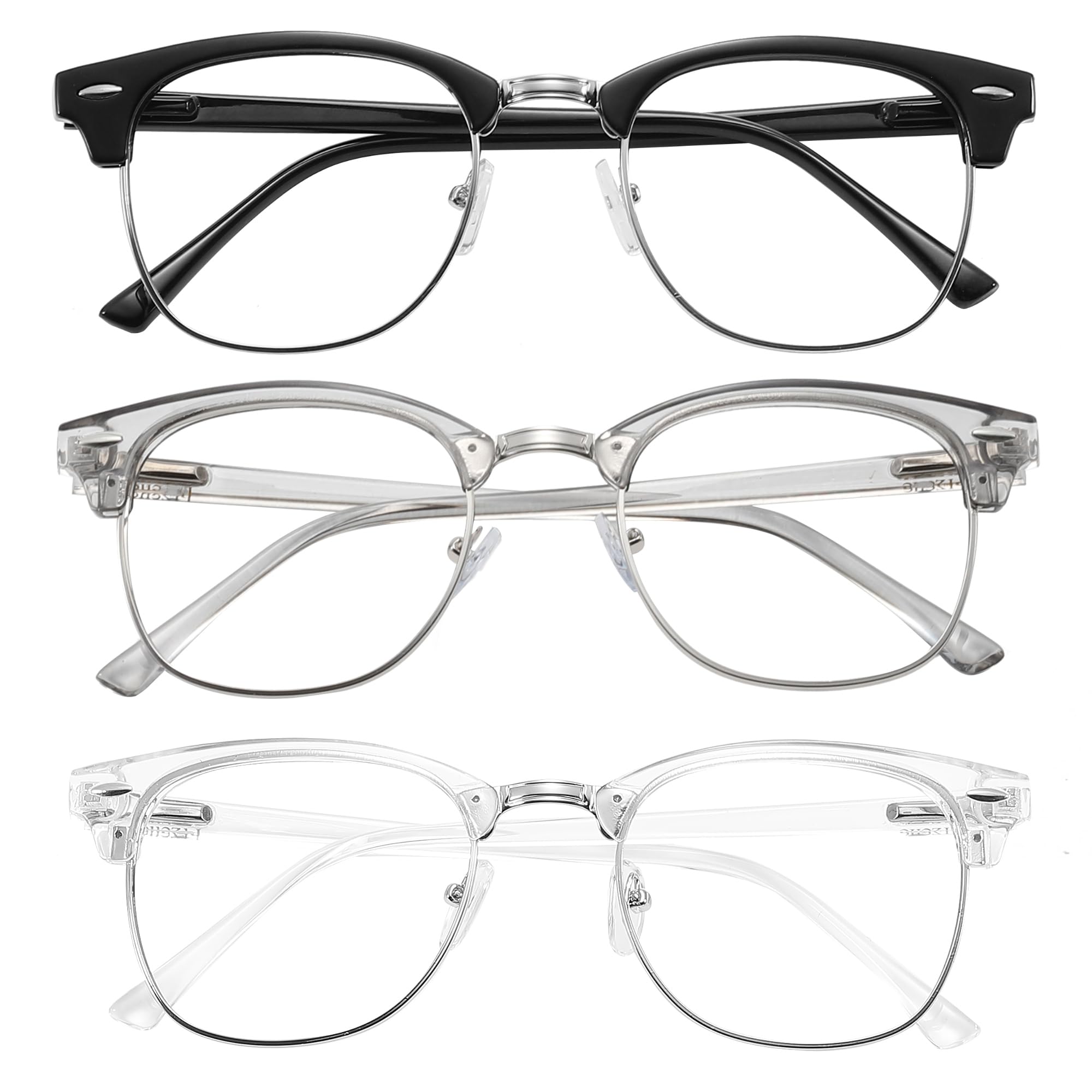 Blue Light Blocking Glasses for Men & Women - UV400 Protection Computer Eyewear - Retro Round Semi-Rimless Design - 3-Pack (Black, Grey, Transparent) - Reduce Eye Strain for Work, Gaming & Screen Time