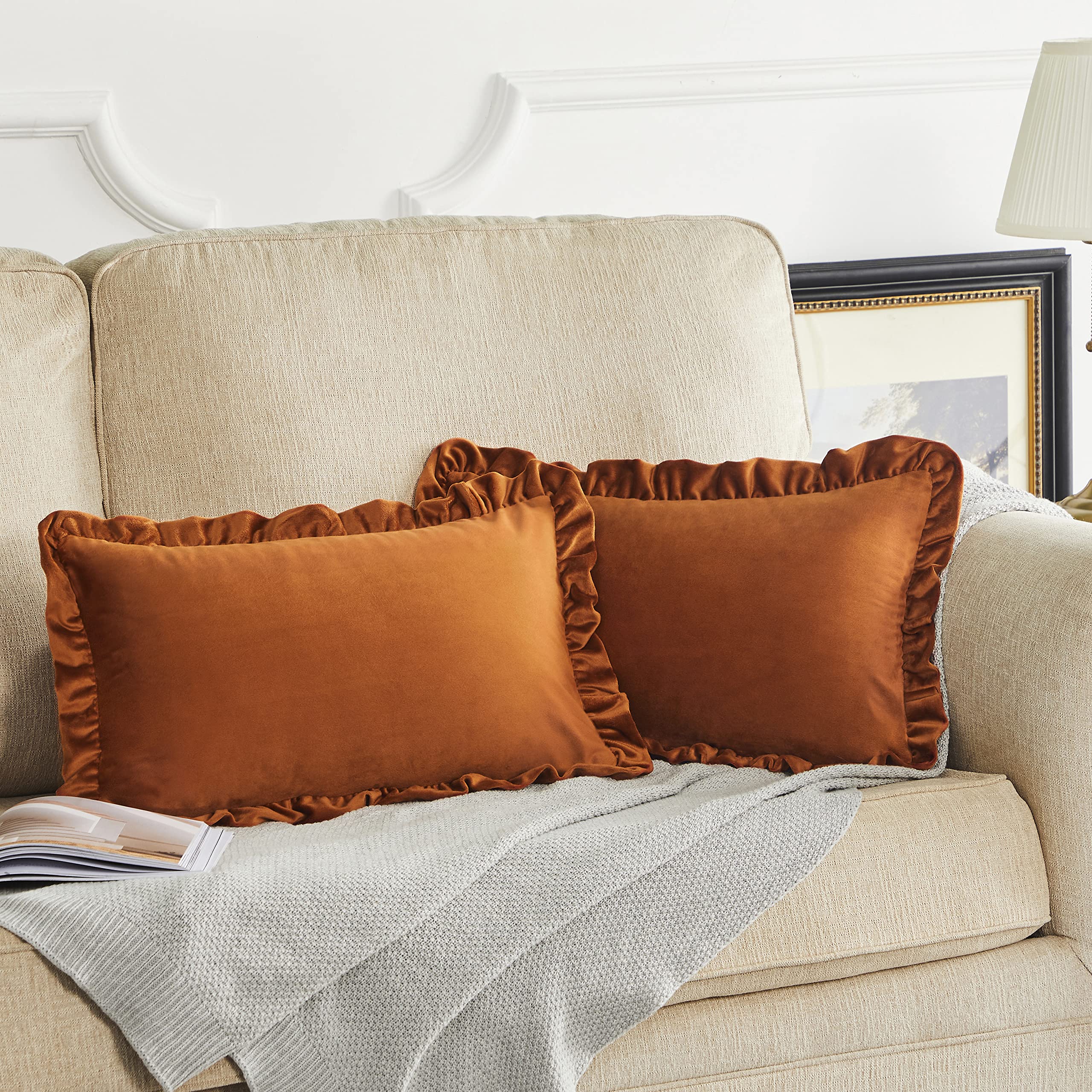 GIGIZAZA 12x20 Burnt Orange Velvet Lumbar Throw Pillow Covers Set of 2 - Decorative Ruffle Cushion Covers for Sofa, Couch, Bed, Living Room & Home Decor