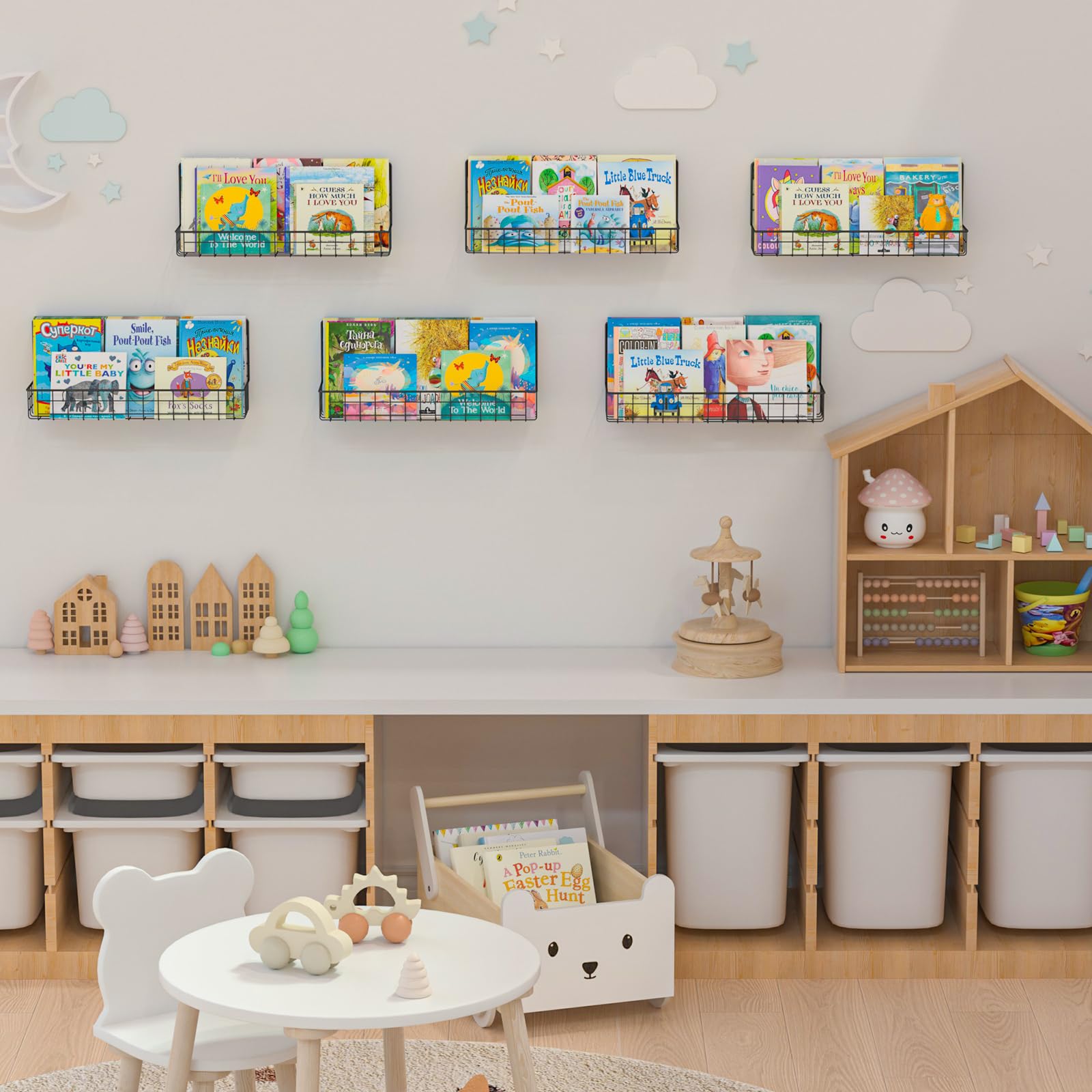 6 Pack Wall Mounted Metal Kids Bookshelf - Floating Book Shelves for Nursery, Toddler Bedroom & Classroom - Hanging Book Storage Organizer - Black - Perfect for Kids' Room Decor, Book Display & Space Saving Storage