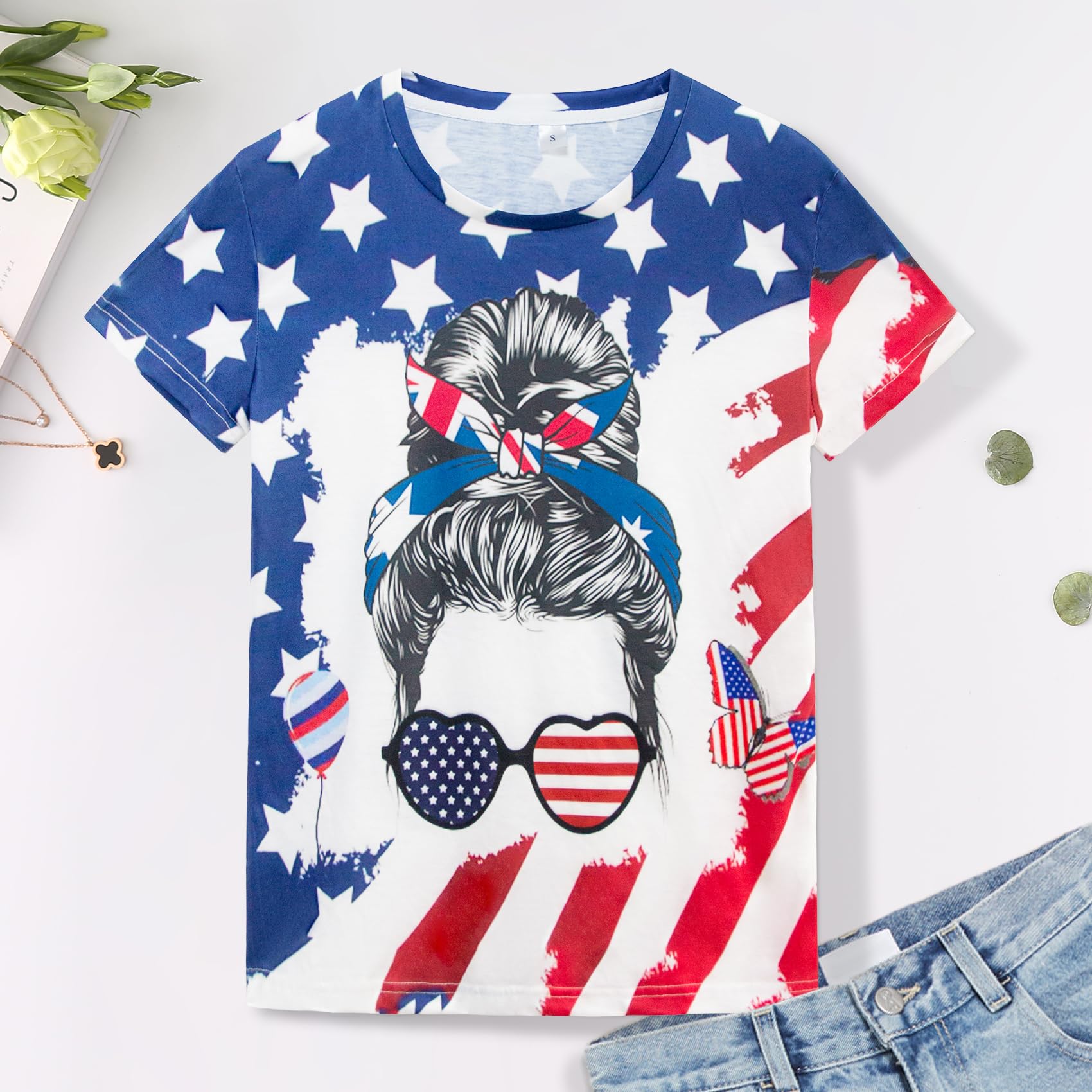 Women's 4th of July Patriotic T-Shirt - USA Flag Graphic Short Sleeve Top for Independence Day | Perfect for BBQ, Fireworks & Summer Celebrations