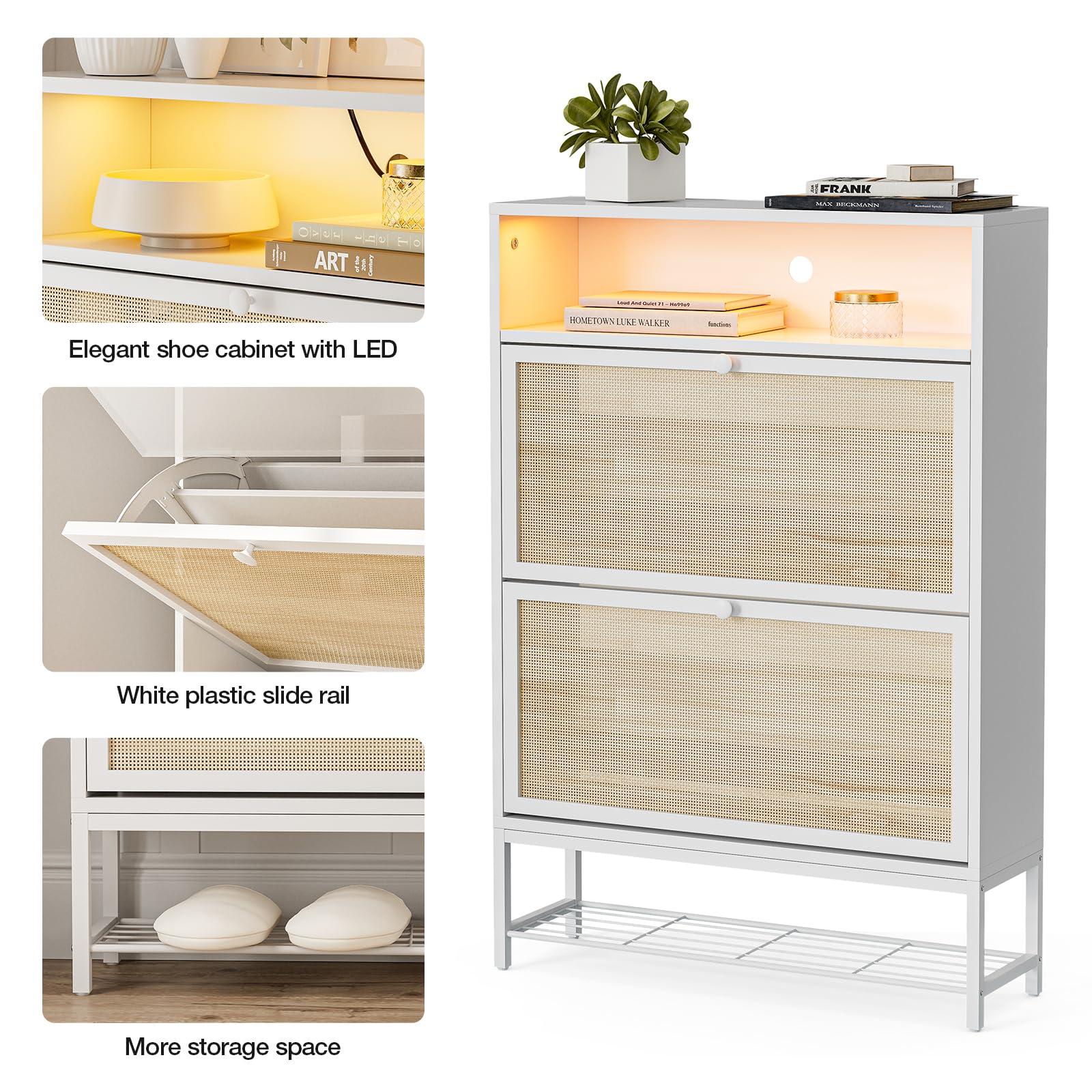 IKIFLY White Rattan Shoe Cabinet with LED Light - 2 Flip Drawers & Open Shelves Narrow Shoe Storage Organizer with Metal Legs for Entryway, Living Room, Apartment - Perfect for Small Spaces & Home Decor