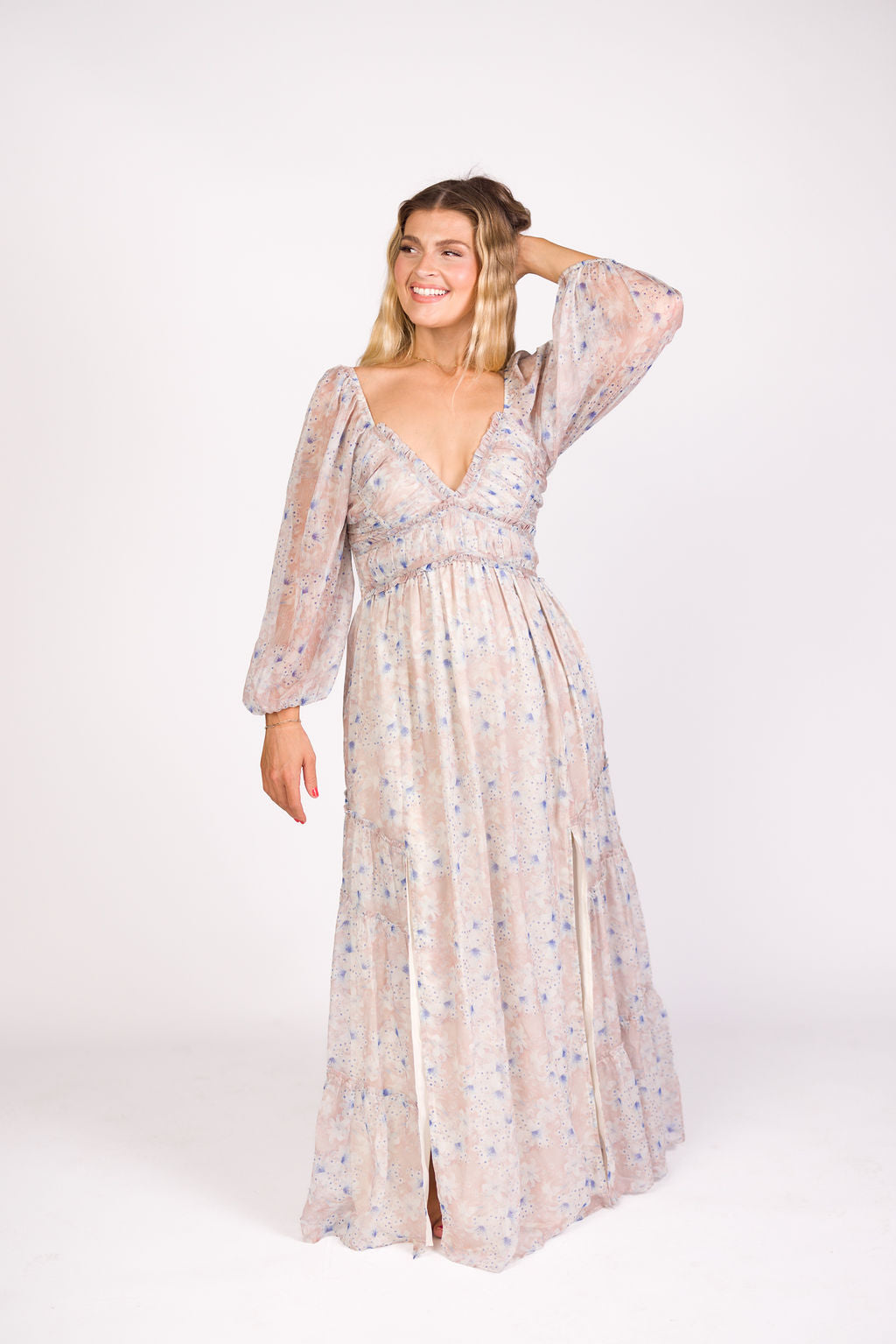 Bump Friendly Daphne Long Sleeve Maxi Dress - Floral Maternity Dress in Beige & Blue, Inclusive Sizing XS to 3XL | Perfect for Pregnancy, Nursing, and Special Occasions