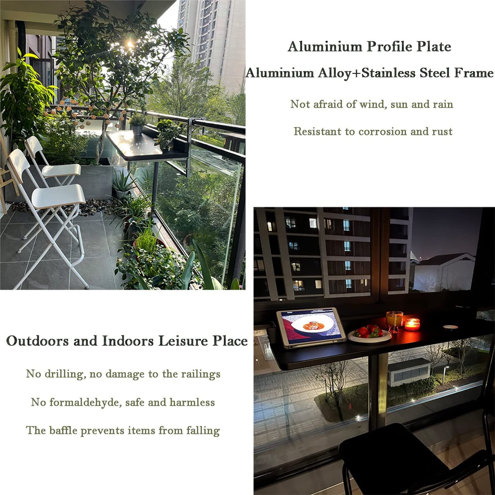 Adjustable Folding Wall-Mounted Balcony Table - Outdoor Rail Mounted Deck Dining Table & Bar Table with Lift Mechanism - Perfect for Small Spaces, Apartments, Patios & Rooftop Relaxation