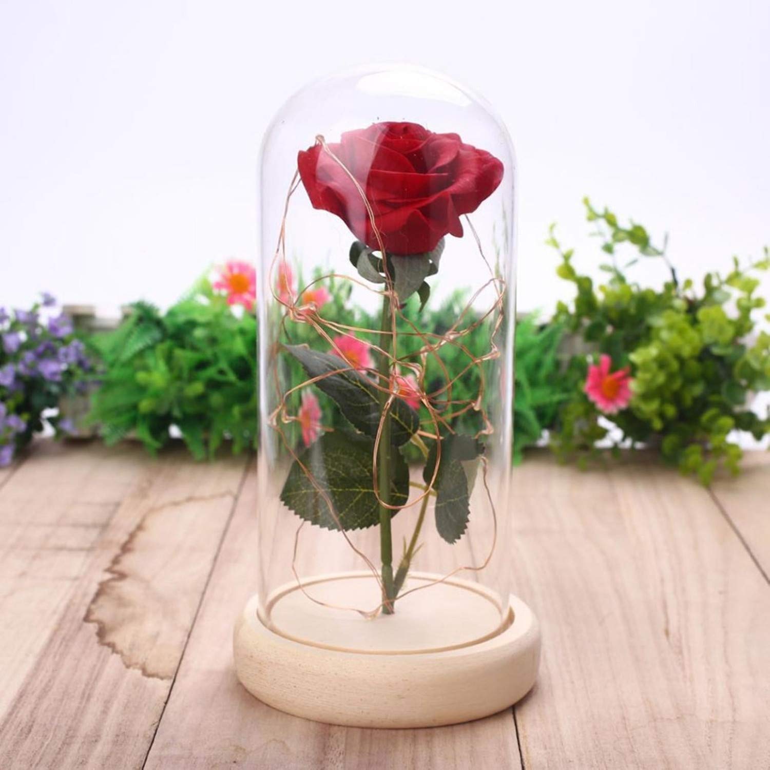 Enchanted Beauty and The Beast Rose - Silk Flower in Glass Dome with LED String Lights, Battery Powered Red Rose for Valentine's Day, Birthday & Romantic Gifts | Perfect for Home Decor, Wedding Centerpieces & Disney-Themed Parties
