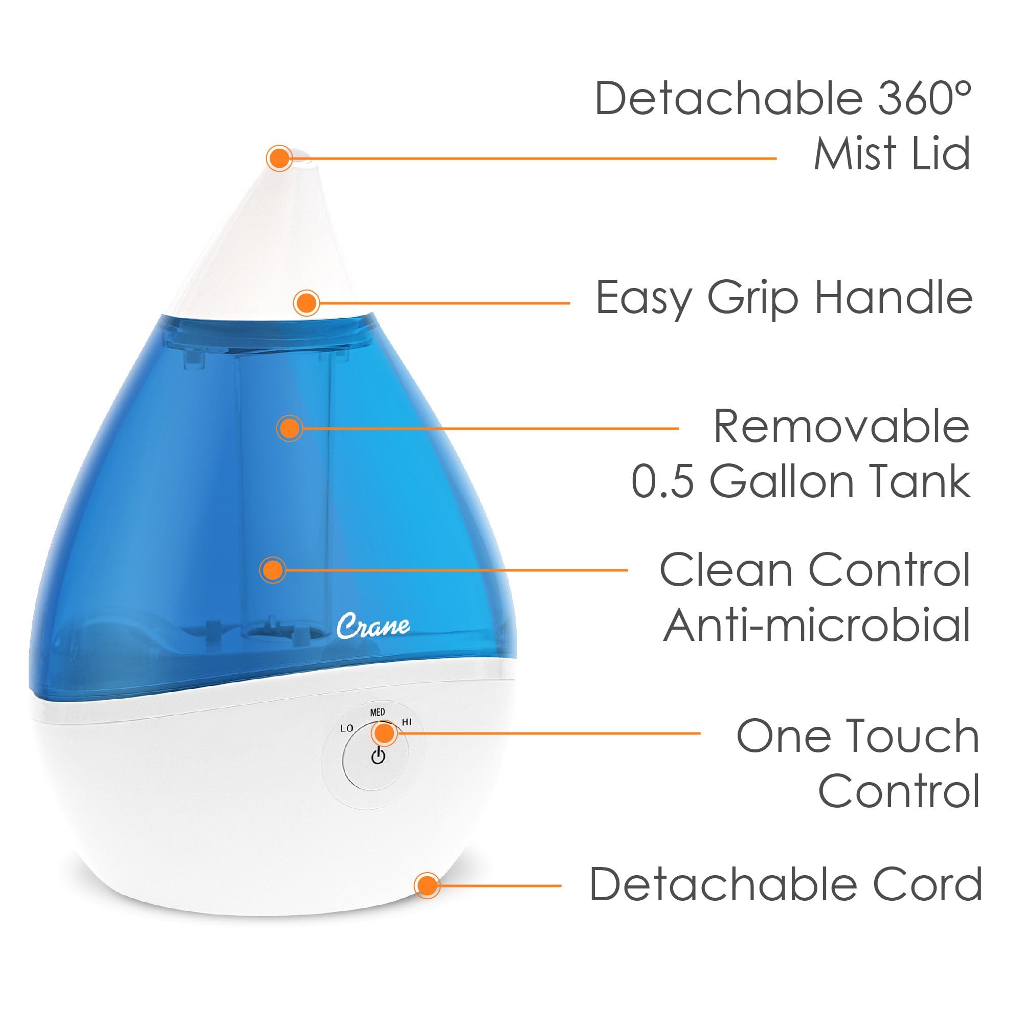 Crane Droplet Ultrasonic Cool Mist Humidifier - 0.5 Gallon Quiet Air Humidifier for Bedroom, Office & Nursery - Blue & White Design - Perfect for Dry Air Relief, Better Sleep & Allergy Relief