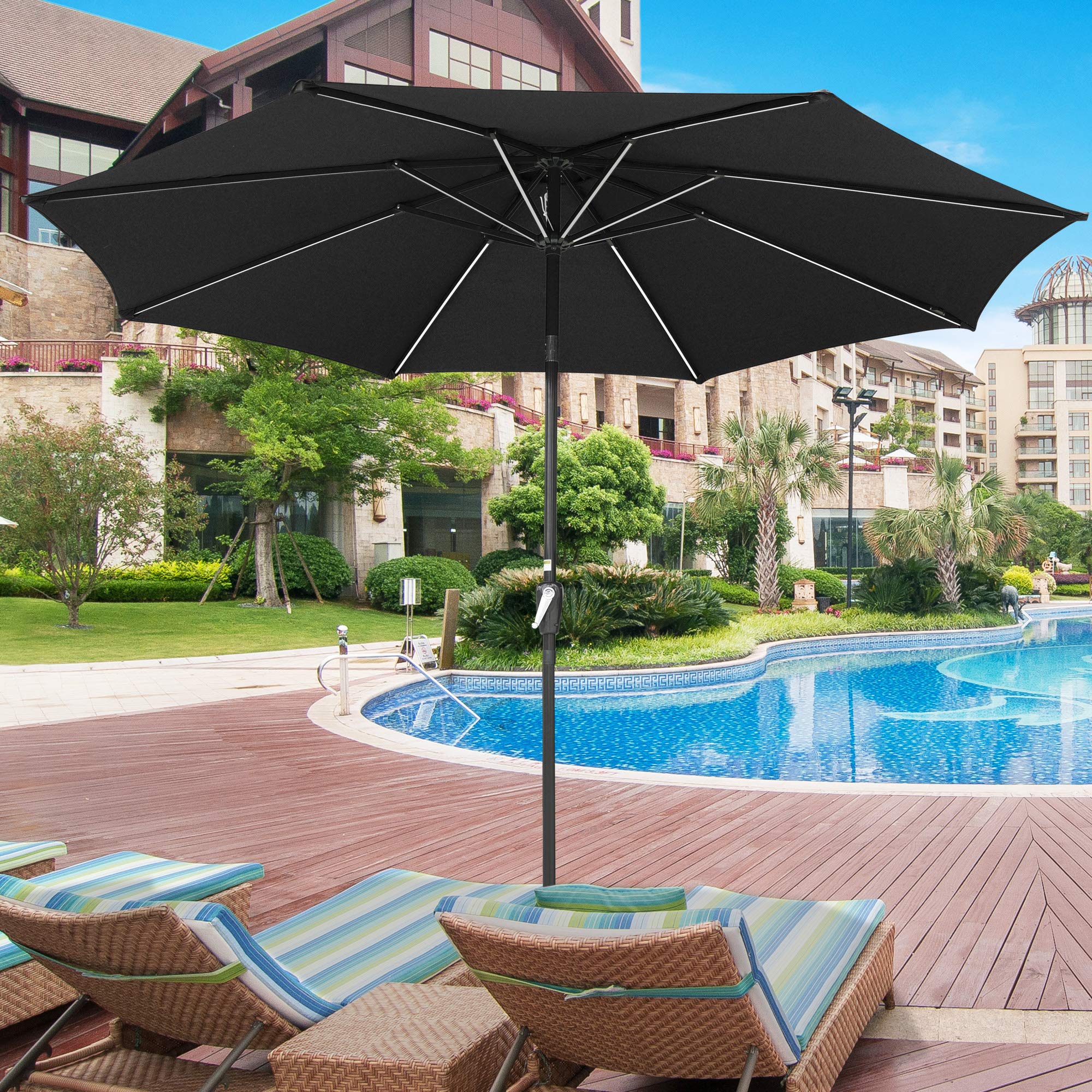 Yescom 10FT Solar Powered LED Light Bar Patio Umbrella with Tilt Crank - Aluminum Market Umbrella for Backyard, Pool Deck, Cafe & Garden - Weatherproof Outdoor Lighting for Nighttime Use
