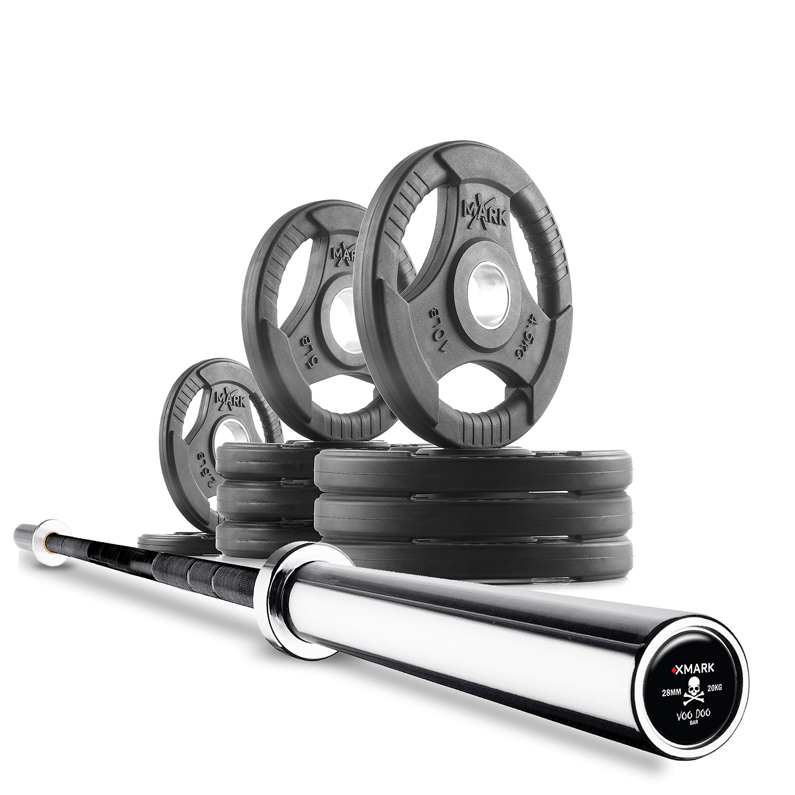 XMark Olympic Weight Set with 7' Olympic Barbell Bar & TRI-GRIP Weight Plates - Complete Home Gym Equipment for Strength Training, Weightlifting & CrossFit Workouts