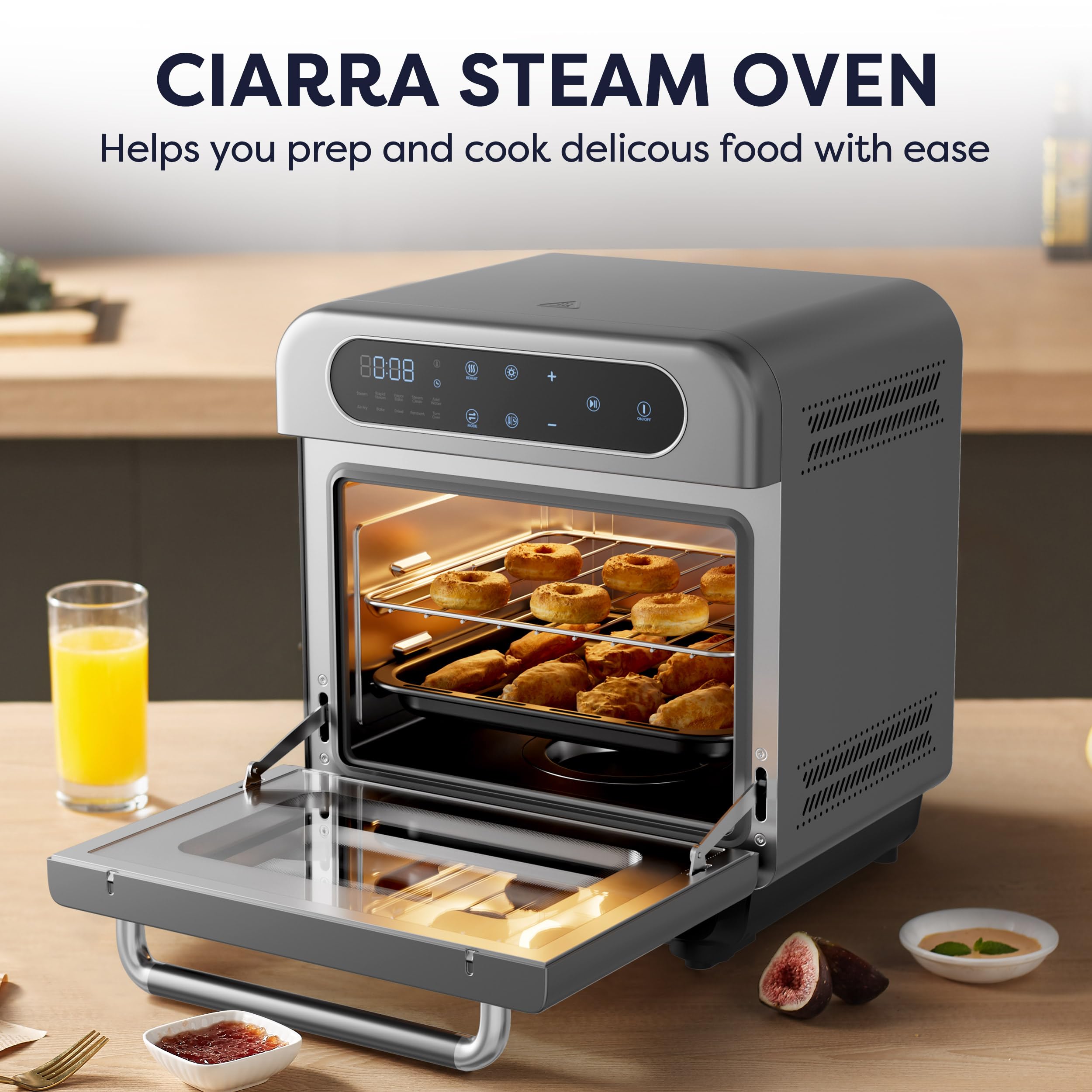 CIARRA 8-in-1 2L Mini Countertop Convection Oven with Steam Function - Air Fryer, Rapid Steam, Vapor Bake, Steam Clean, Bake, Dry & Ferment - Perfect for Small Kitchens, Dorms & RV Cooking (Grey)