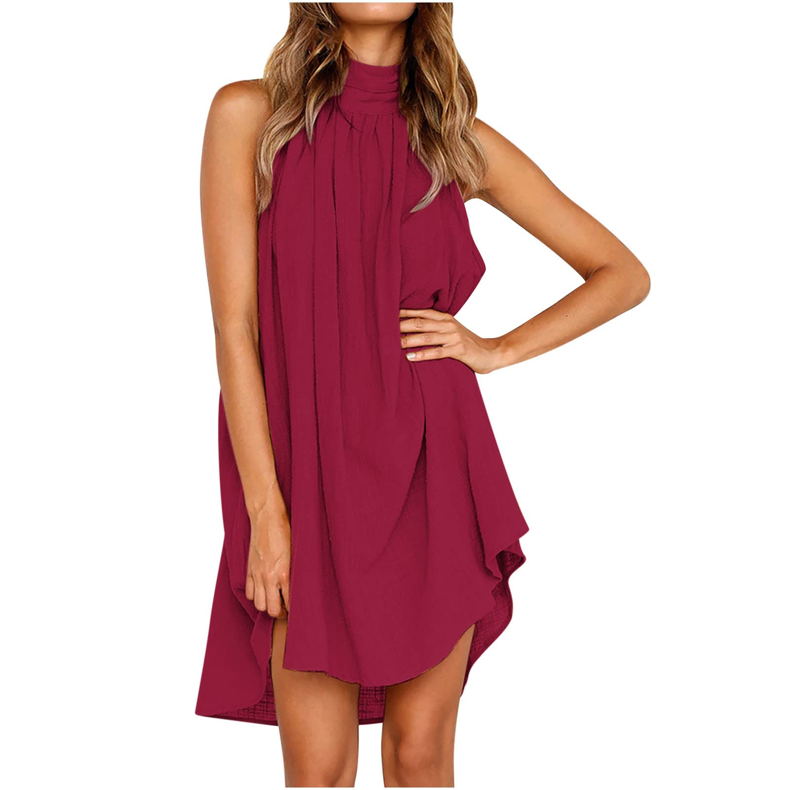 Women's Summer Sundresses - Casual Sleeveless Round Neck Loose Maxi Dress with V-Neck Ruffles & Faux Wrap Design, Dot Tie Belt - Perfect for Beach Vacations, Pool Parties and Summer Outings