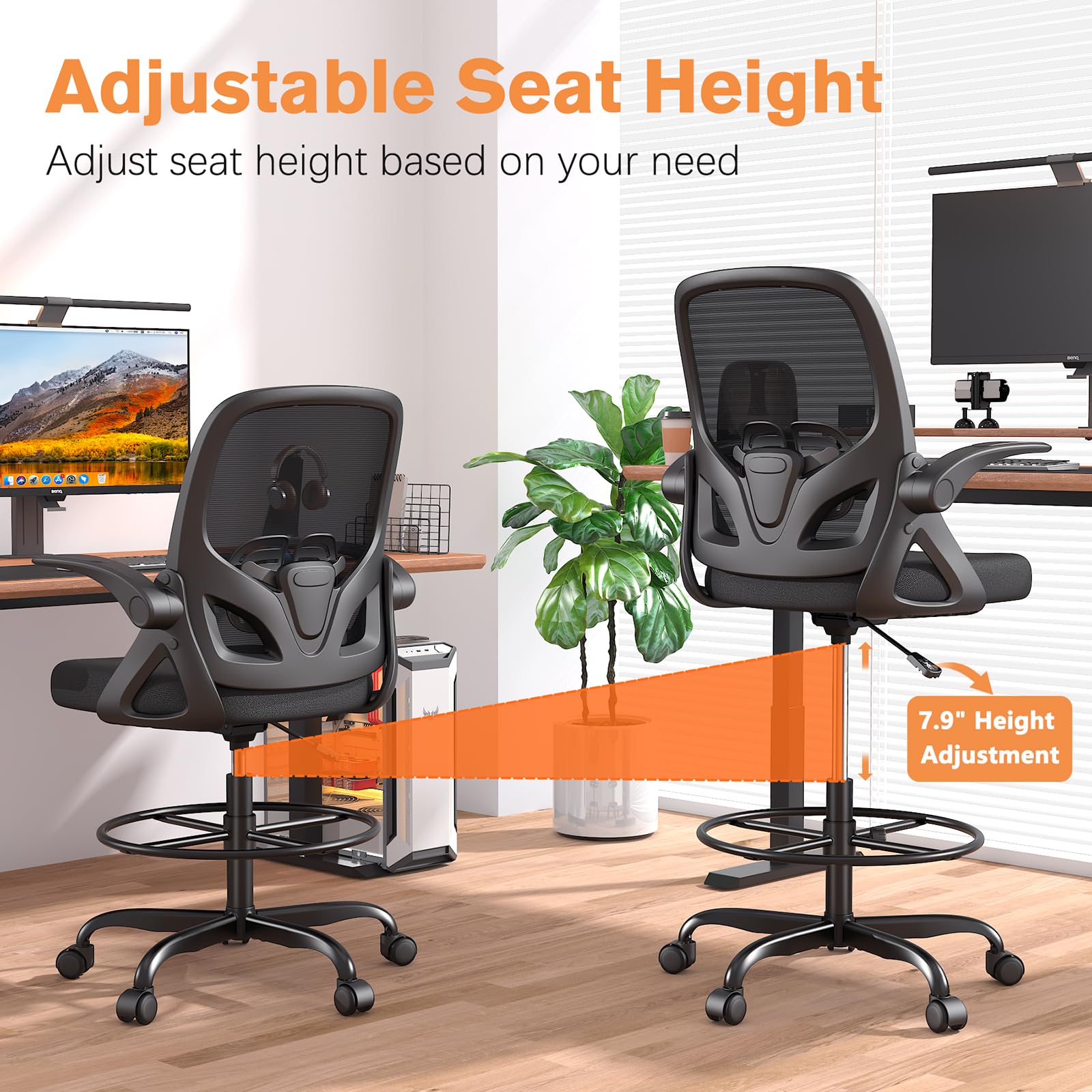 Ergonomic Tall Drafting Chair with Lumbar Support & Footrest - Adjustable Height Mesh Office Chair with Flip-Up Arms for Home & Work (Black) - Perfect for Architects, Designers & Long-Hour Computer Work