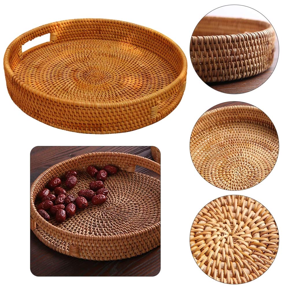 Handwoven Rattan Storage Basket with Handle - Natural Picnic Tray for Bread, Fruits & Snacks - Perfect for Kitchen Counter, Dining Table & Outdoor Gatherings