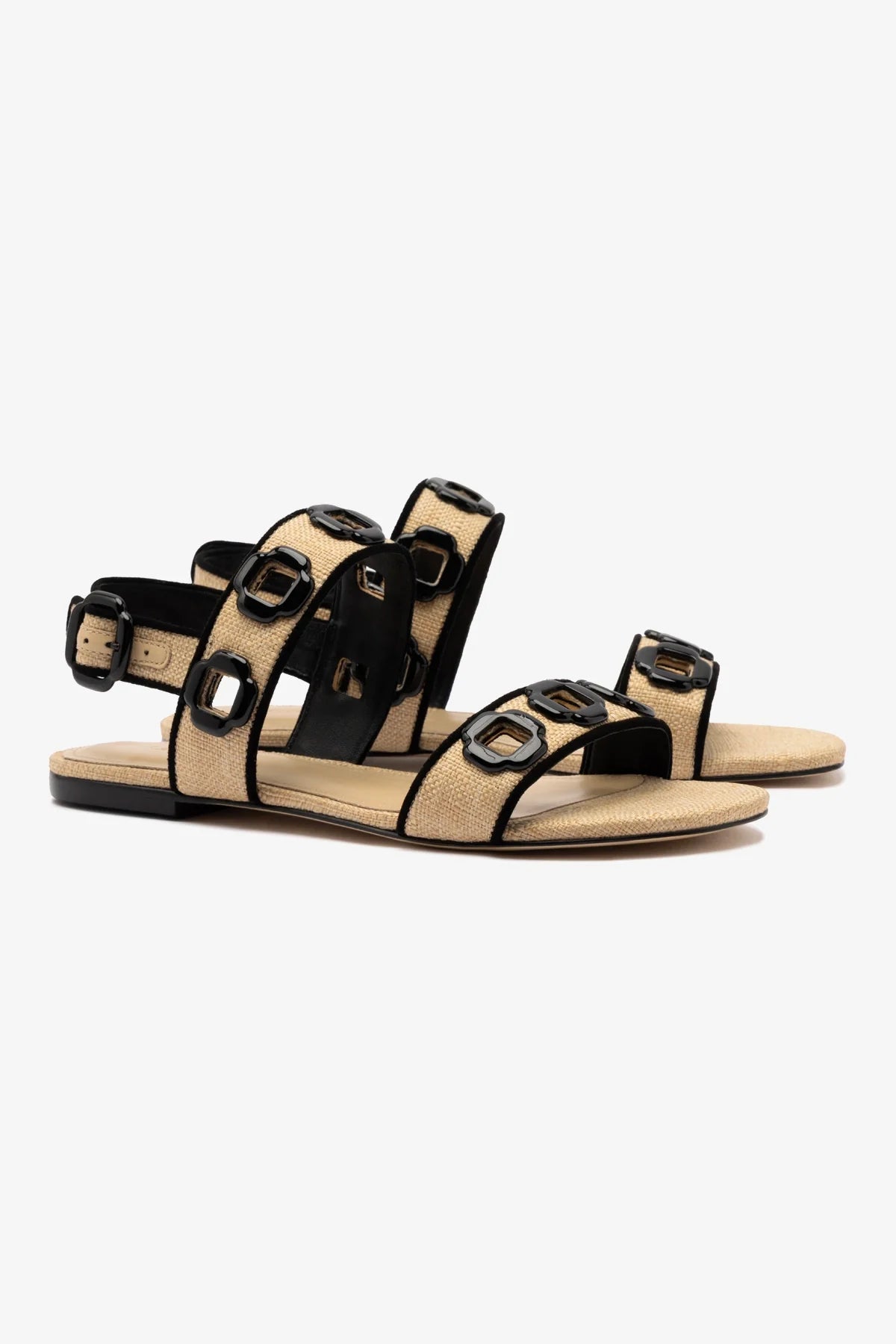 Milan Flat Sandal Women's Beige Raffia with Black Trimming - Comfortable Summer Beach Sandals for Vacation, Walking & Casual Outfits