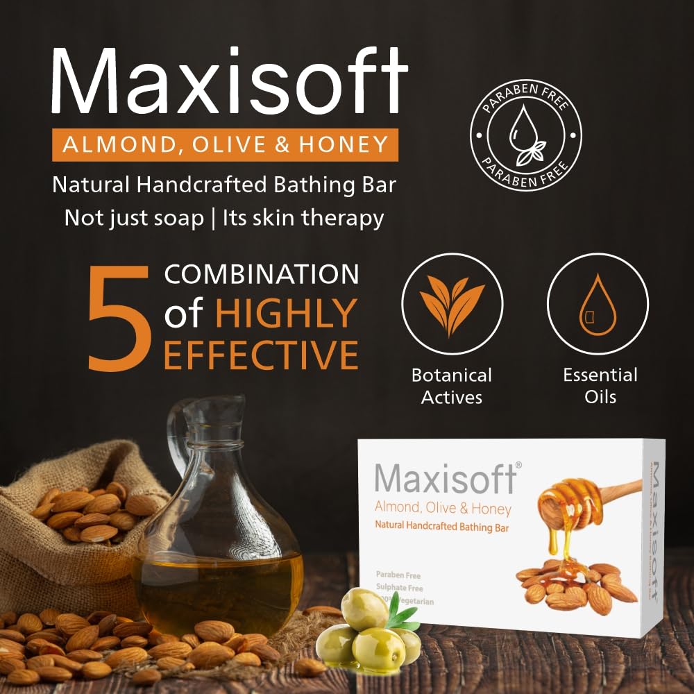 Maxisoft Almond Olive Honey Skin Nourishing Soap Bar 100g - Natural Moisturizing with Almond Oil, Olive Oil, Honey & Coconut Oil | pH Balanced for All Skin Types | Perfect for Dry Skin, Sensitive Skin & Daily Cleansing (Pack of 1)