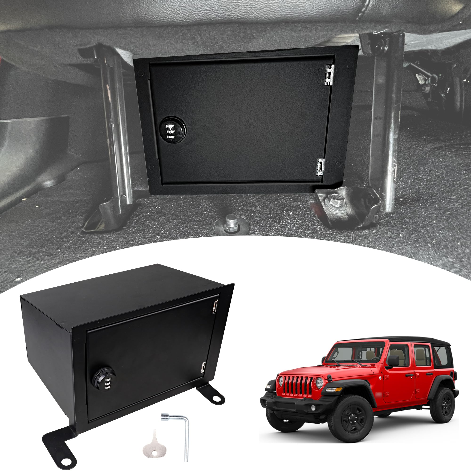 BESTAOO Under Seat Storage Lock Box Gun Safe Security Organizer for 2018-2025 Jeep Wrangler JL 4 Door 4XE - Black Underseat Tray for Interior Accessories | Secure Handgun Storage, Car Organization & Rear Passenger Side Protection