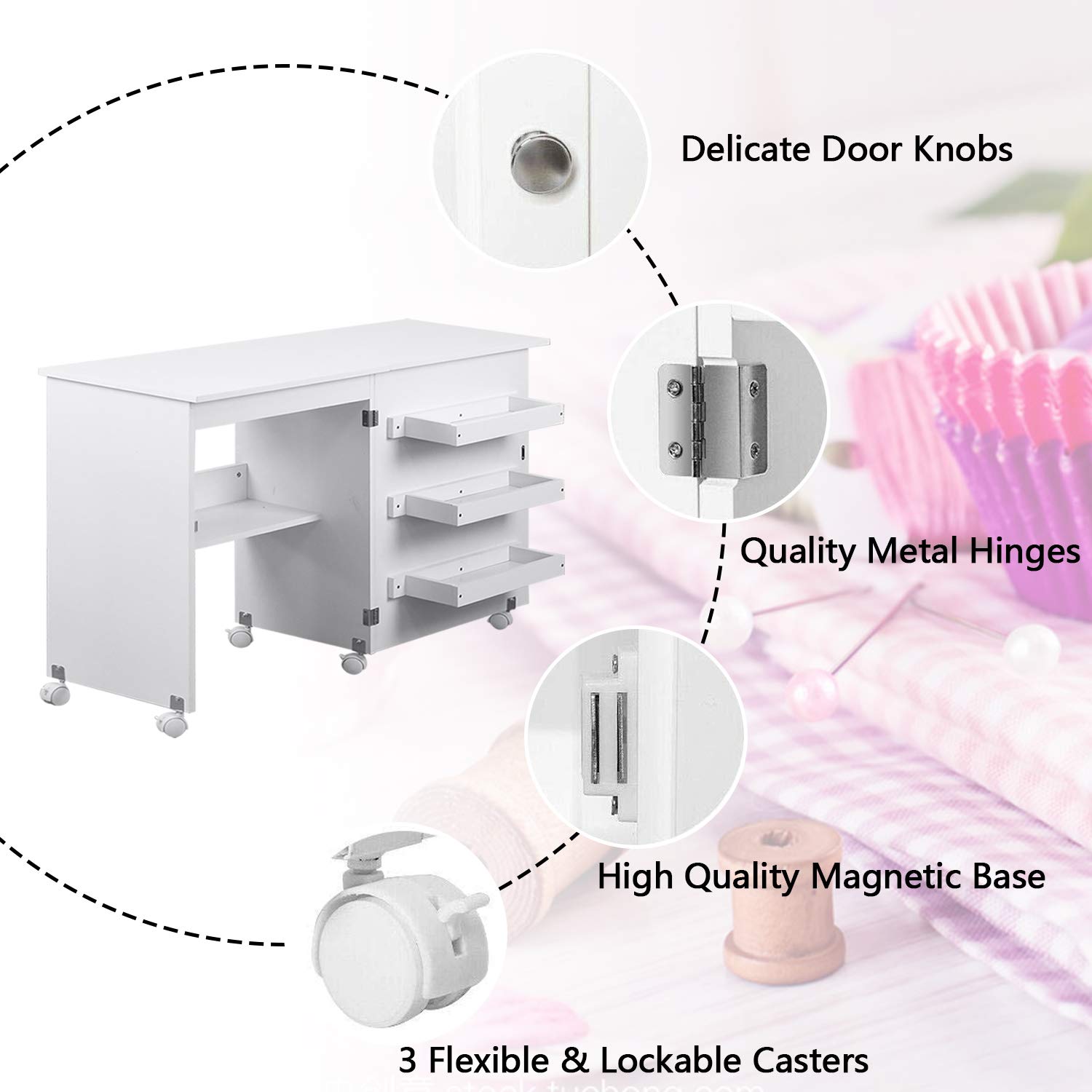 Usinso Folding Sewing Table with Storage Shelves - Multifunctional Rolling Sewing Machine Cart, Craft Cabinet & Portable Computer Desk with Lockable Casters (White) | Perfect for Home Sewing Projects, Quilting & Craft Rooms