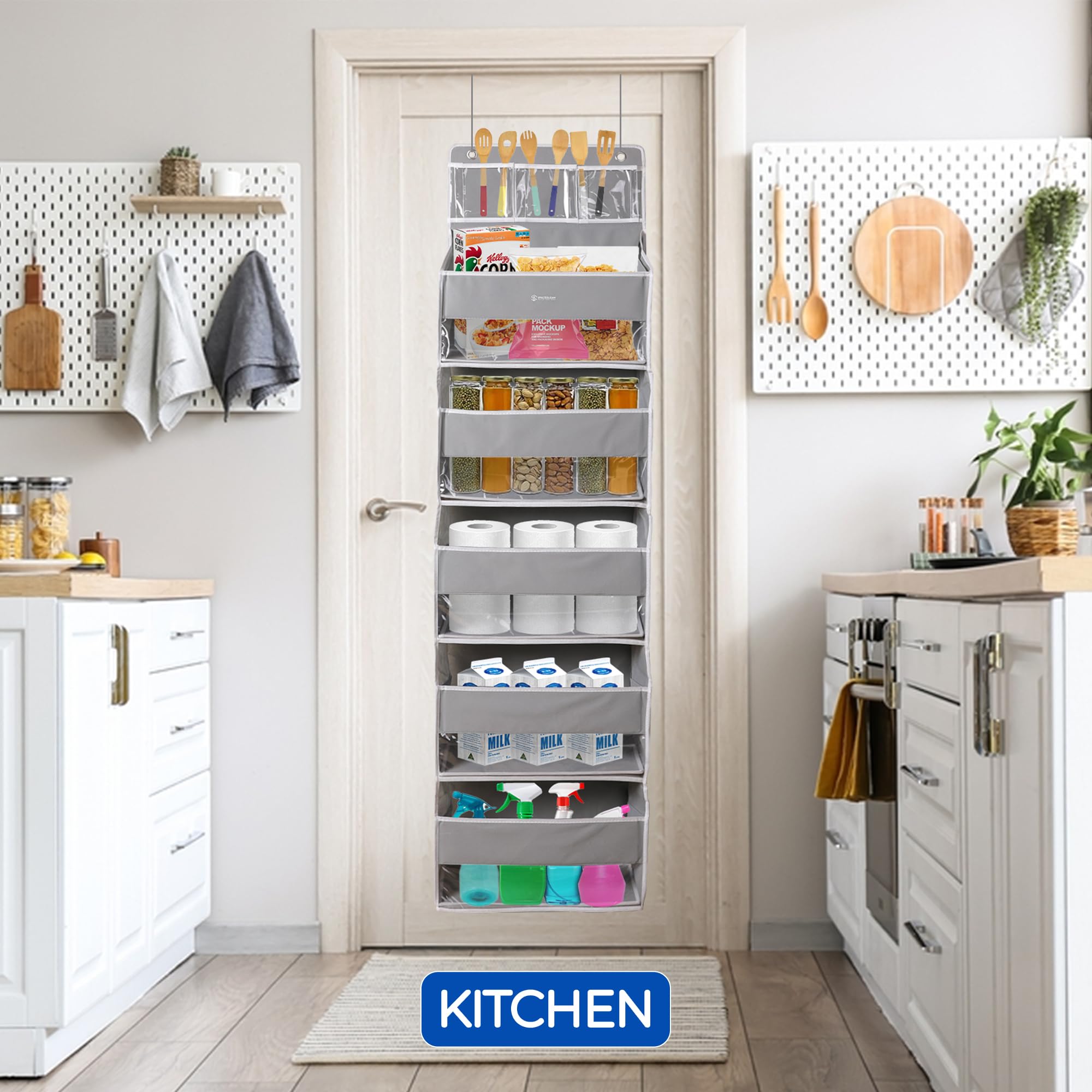 1 Pack Over Door Organizer with 5 Large Pockets & 10 Mesh Side Pockets - Hanging Storage Organizer with Clear Window for Kids Toys, Shoes, Diapers - Grey 5-Layer Space-Saving Solution for Nursery, Closet & Bathroom Organization