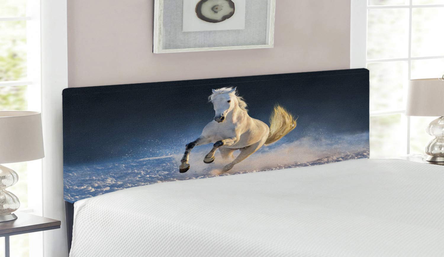 Lunarable White Purebred Horse Galloping in Snow Headboard - Upholstered Decorative Metal Bed Frame with Memory Foam - Queen Size Pale Blue - Perfect for Farmhouse, Rustic & Equestrian Bedroom Decor