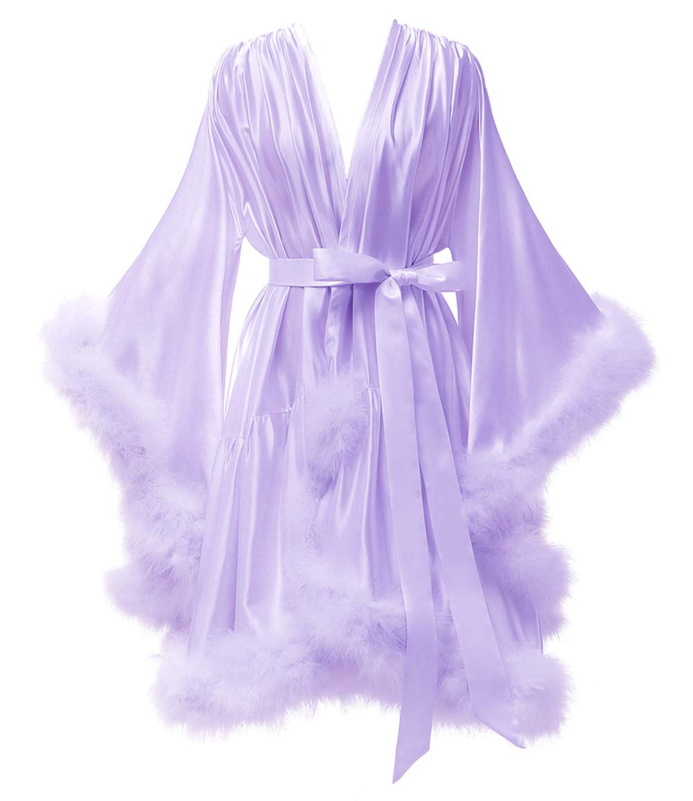 Yexinbridal Feather Trim Silk Satin Bridal Robe - Elegant Lace Lingerie Nightgown & Bathrobe for Wedding Night, Honeymoon, Boudoir Photography & Sleepwear
