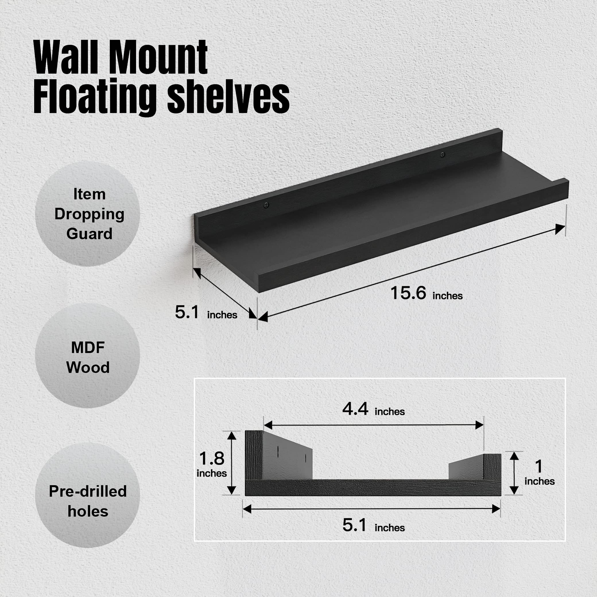 RICHER HOUSE 5-Piece Floating Wall Shelves Set - Black Modern Picture Ledge with Lip for Storage | Wall Decor for Nursery, Bedroom, Living Room & Bathroom - Perfect for Displaying Photos, Books & Decorative Items