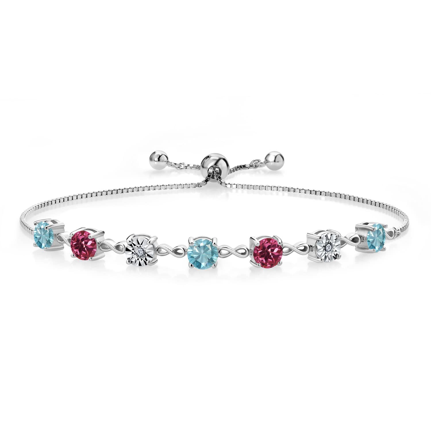 3.56 Ct Round Blue Zircon & Pink Tourmaline Tennis Bracelet in 925 Sterling Silver with Lab-Grown Diamonds | Adjustable Up to 9 Inches | Perfect for Weddings, Parties & Special Occasions