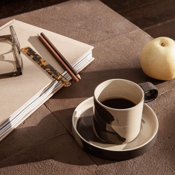 FERM LIVING Inlay Cup with Saucer - Sand Brown Ceramic Coffee Tea Cup Set - Perfect for Home, Office & Cafe Use