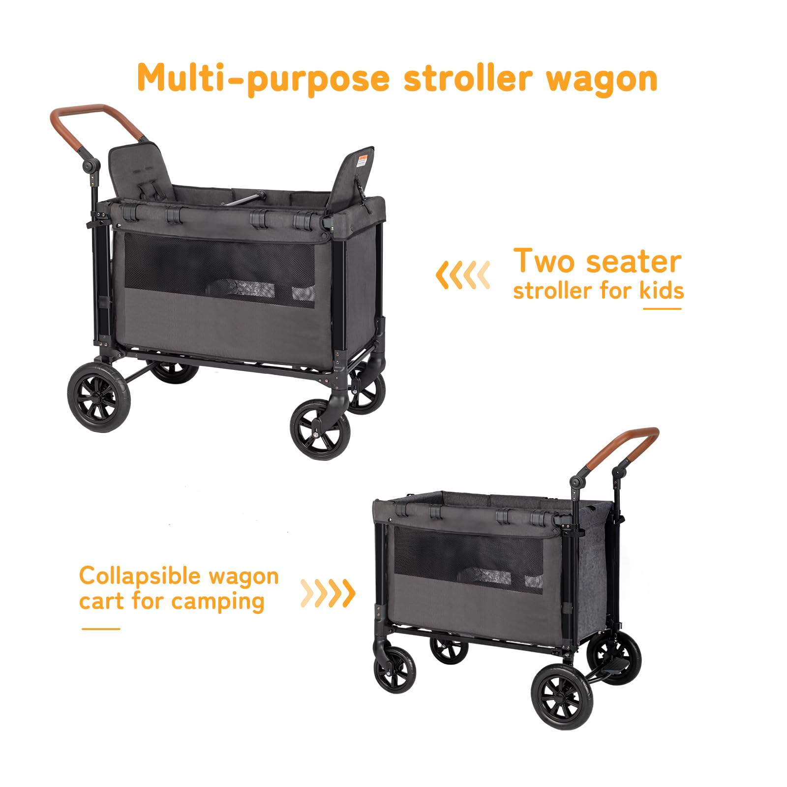 Double Stroller Wagon for Kids - Foldable Baby Wagon with Adjustable Handle, Canopy, Storage Organizer & 5-Point Safety Harness (Dark Gray) - Perfect for Beach Outings, Park Walks & Family Travel